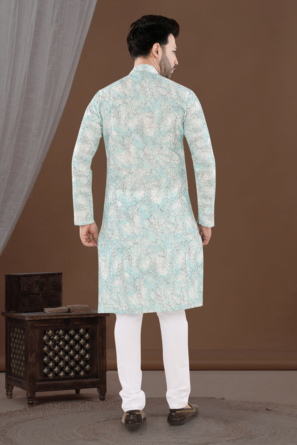 Sky Blue Marble Print Kurta – Contemporary Festive Wear (4541)
