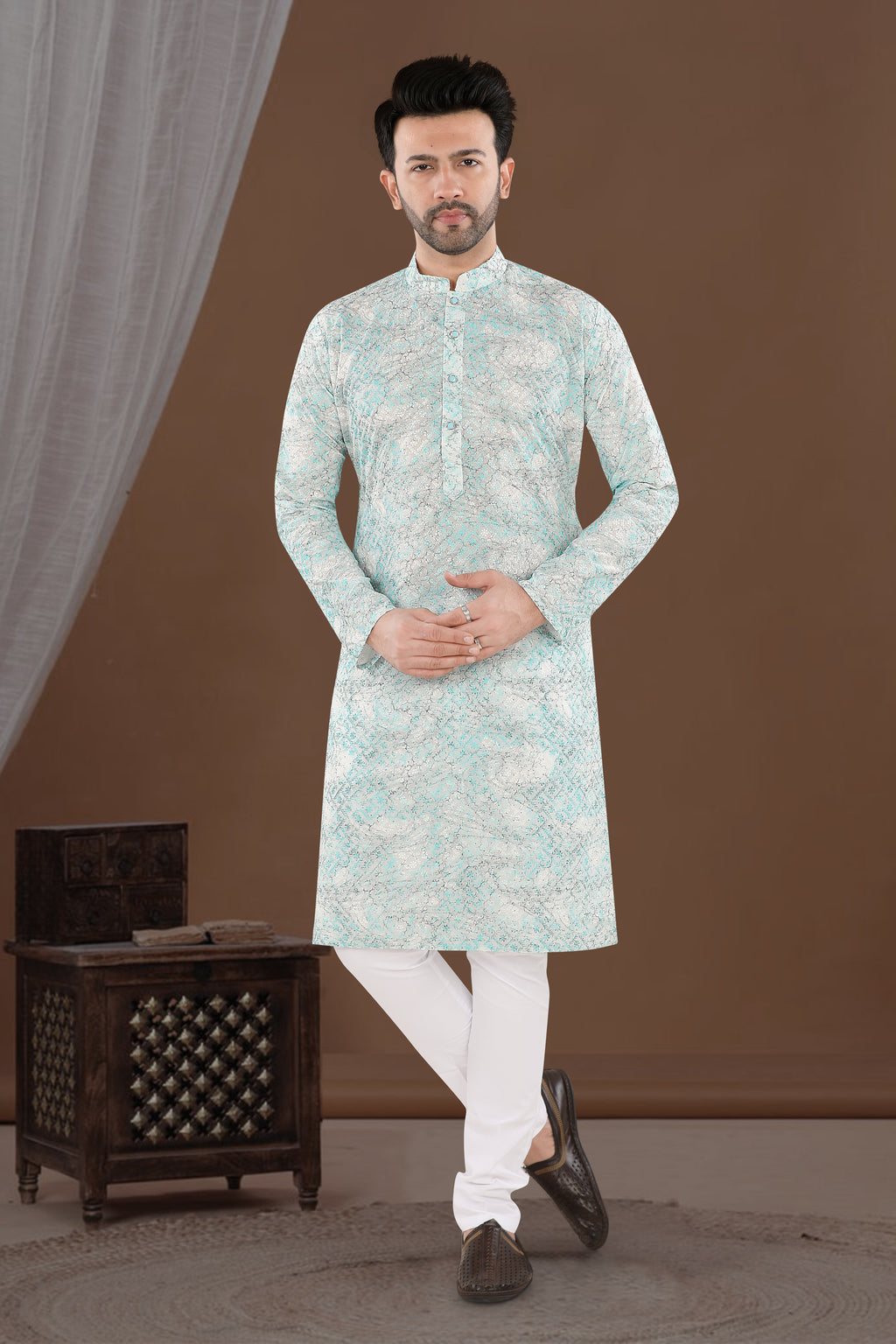 Sky Blue Marble Print Kurta – Contemporary Festive Wear (4541)