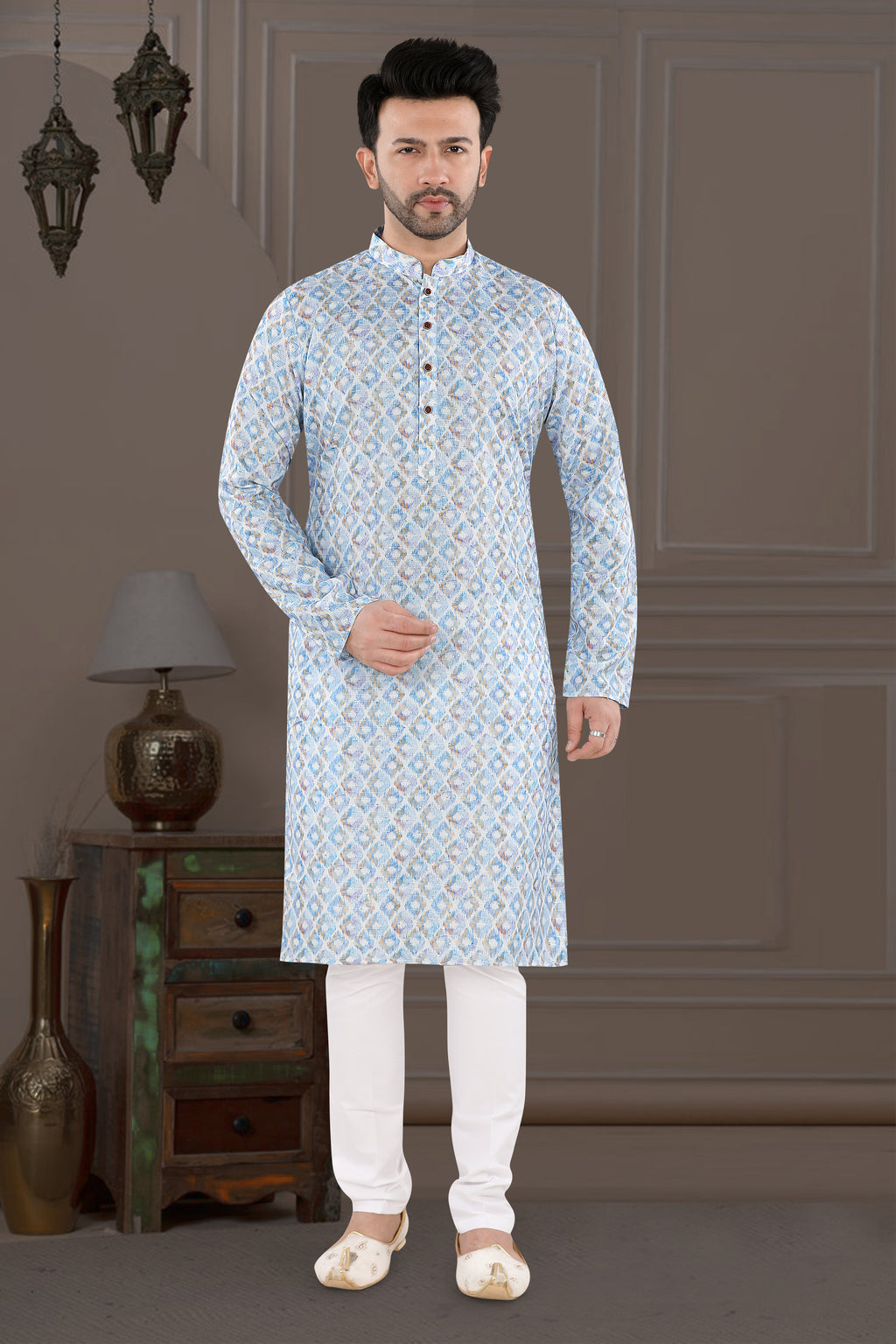 Powder Blue Printed Festive Kurta Set (5178)