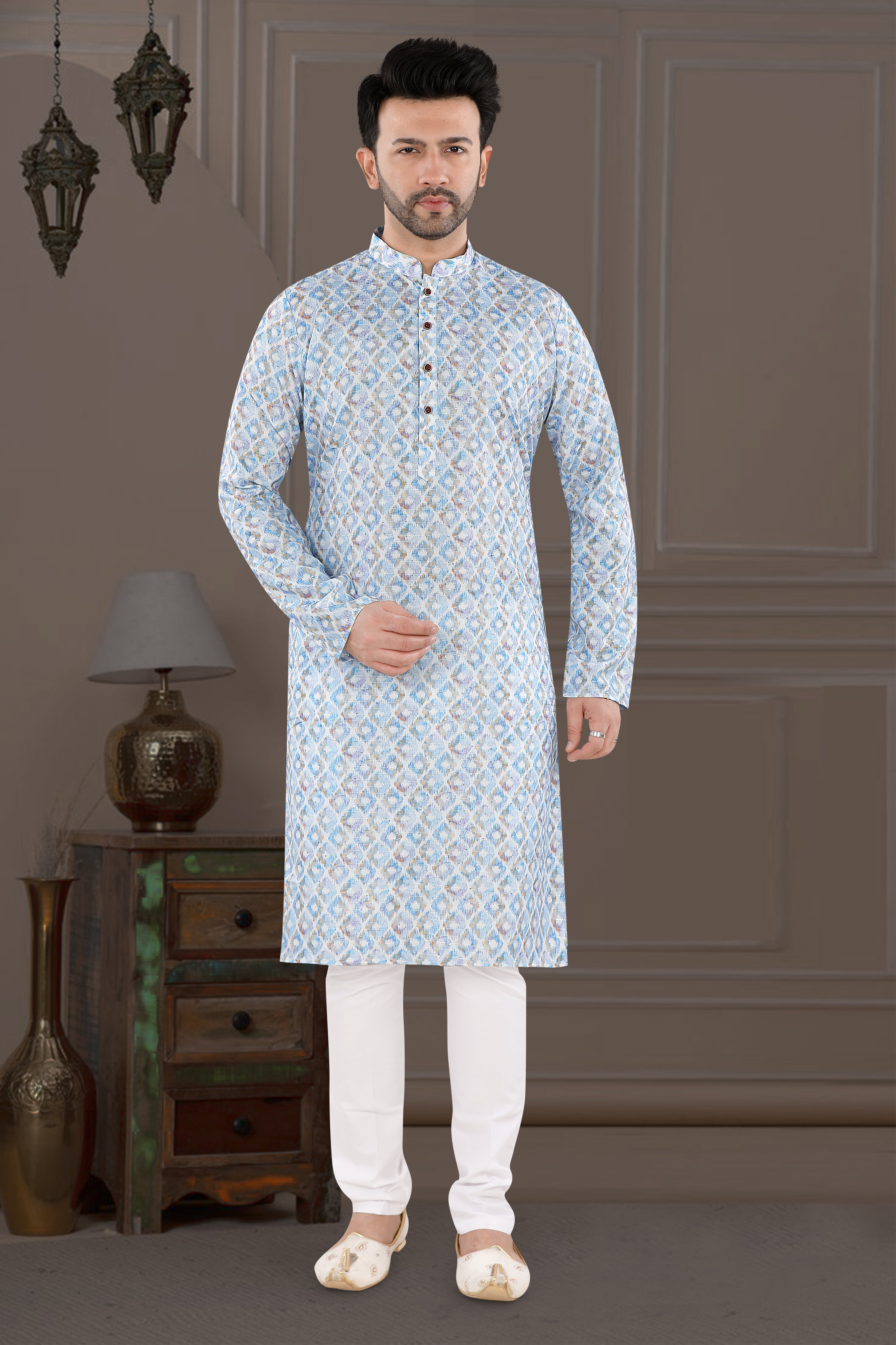 Powder Blue Printed Festive Kurta Set (5178)