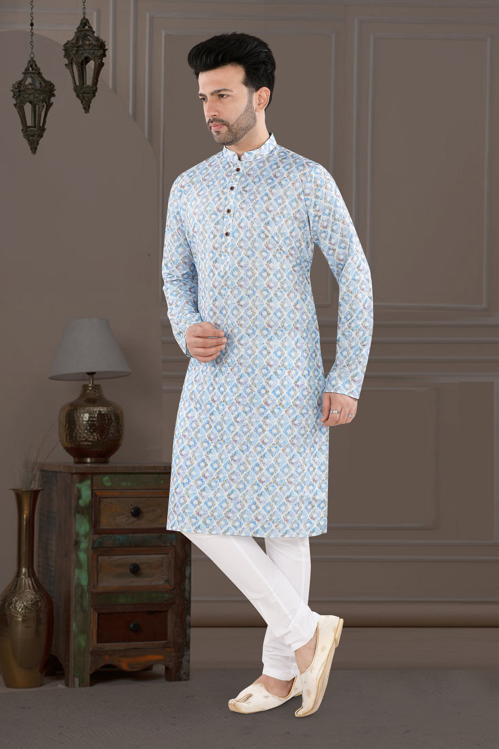 Powder Blue Printed Festive Kurta Set (5178)