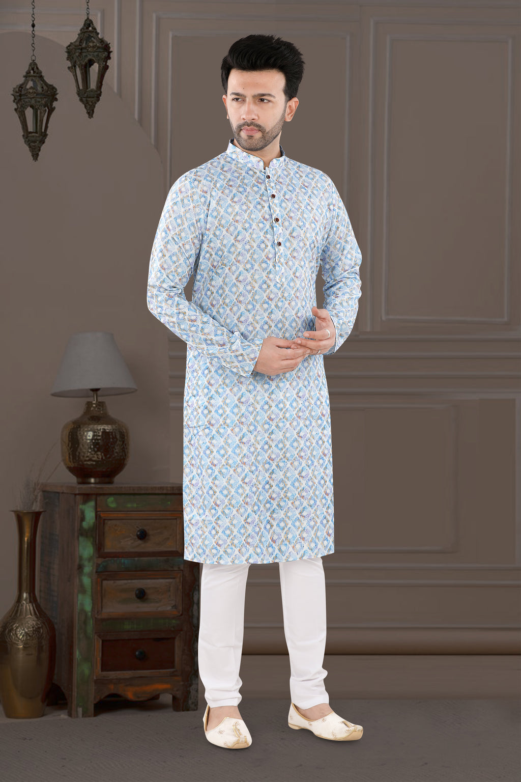 Powder Blue Printed Festive Kurta Set (5178)