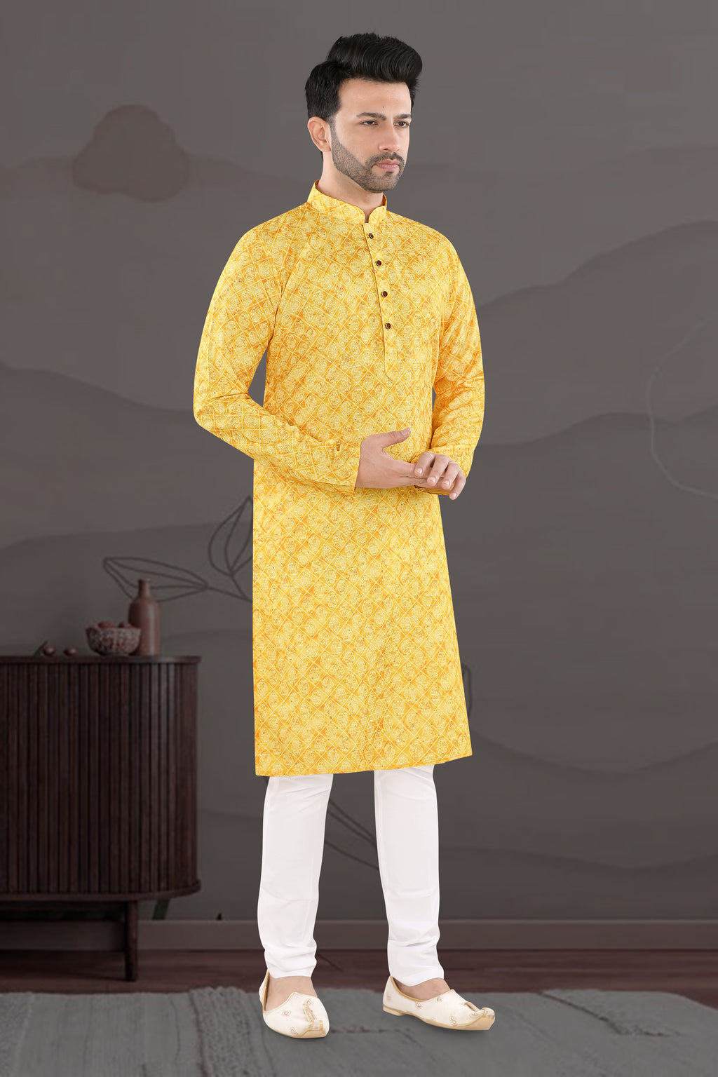 Sunlit Royale Kurta – Golden Geometric Festive Wear (1630)