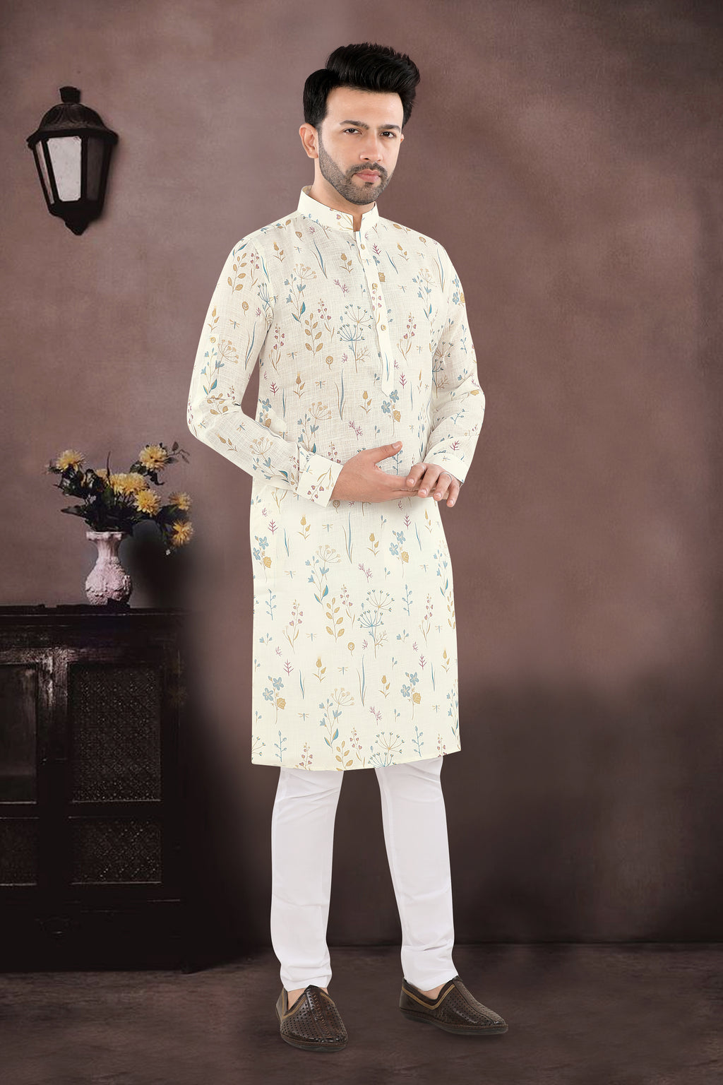 Ivory Botanical Print Kurta (20266)