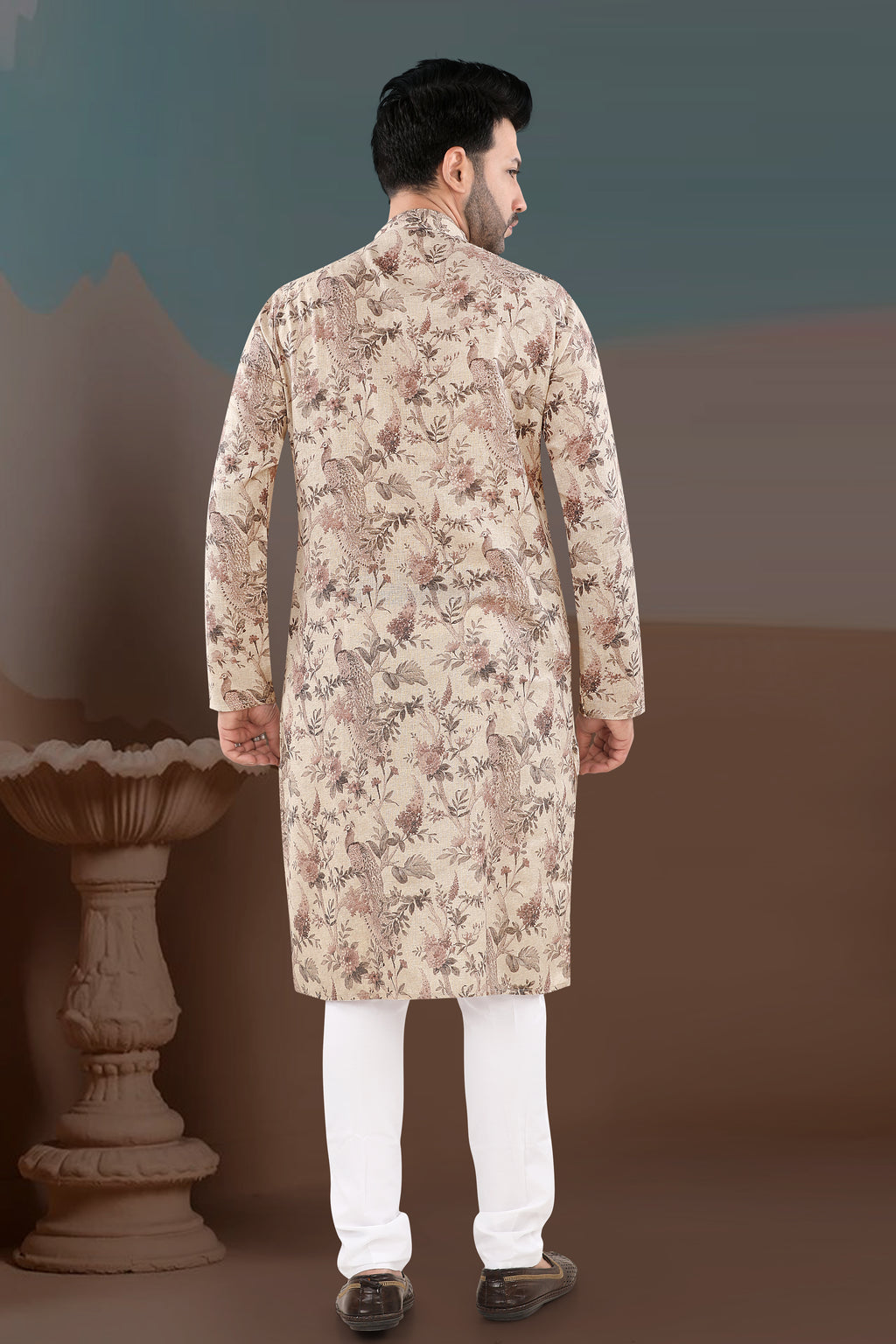 Antique Beige Floral Kurta – Heritage Print Festive Wear (2859)