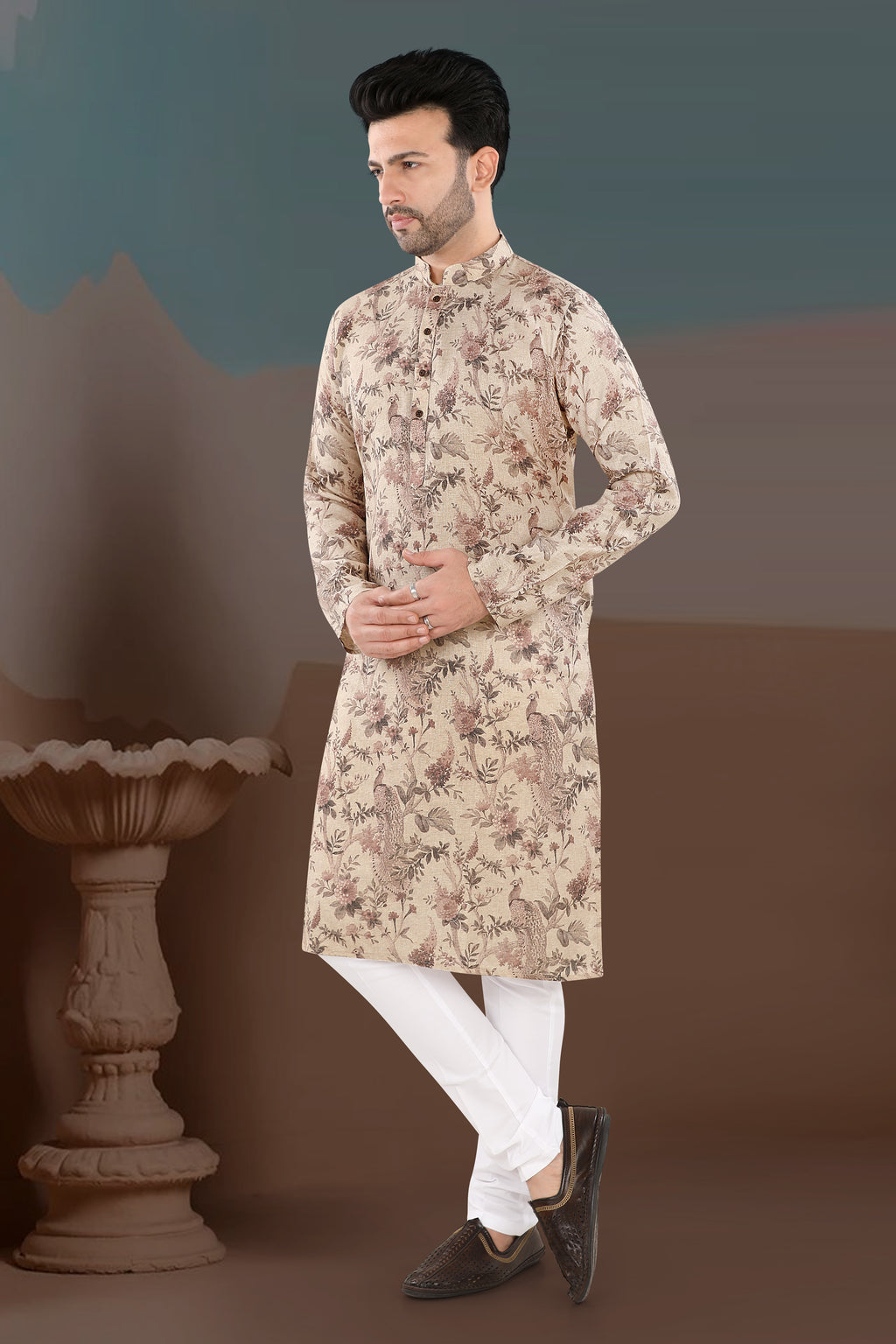 Antique Beige Floral Kurta – Heritage Print Festive Wear (2859)