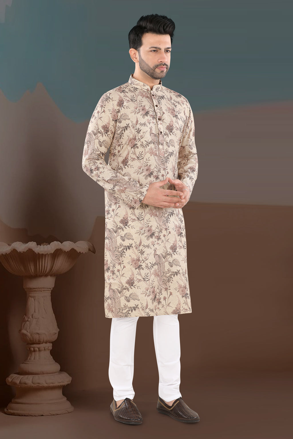 Antique Beige Floral Kurta – Heritage Print Festive Wear (2859)