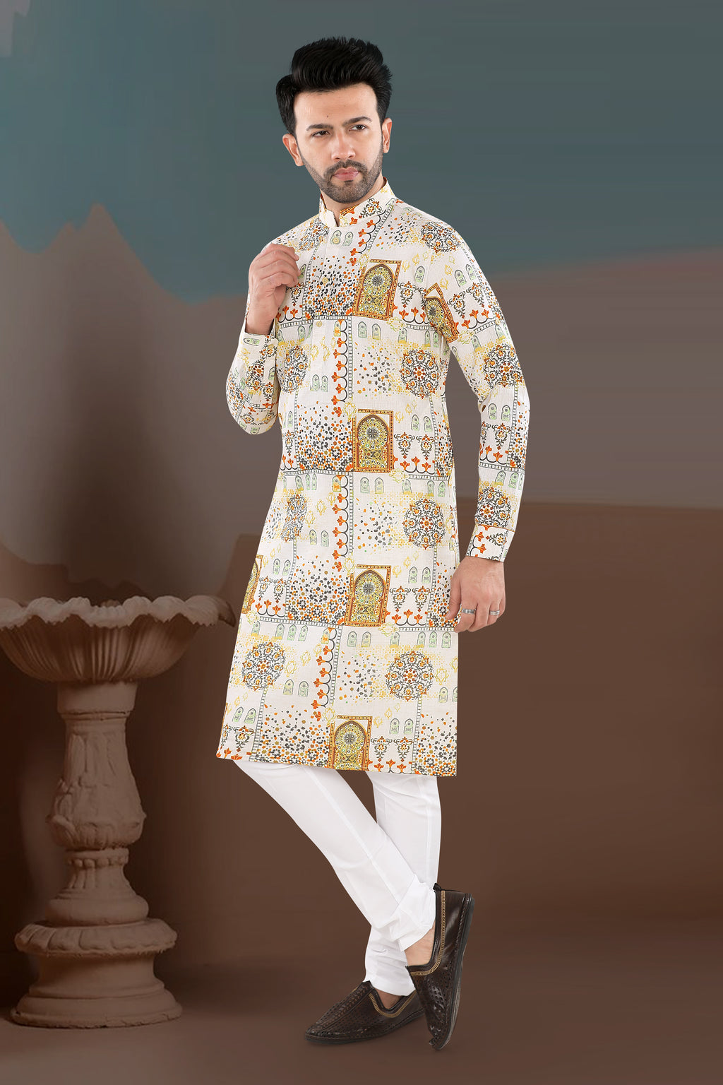 Cream Heritage Motif Print Kurta (20155)