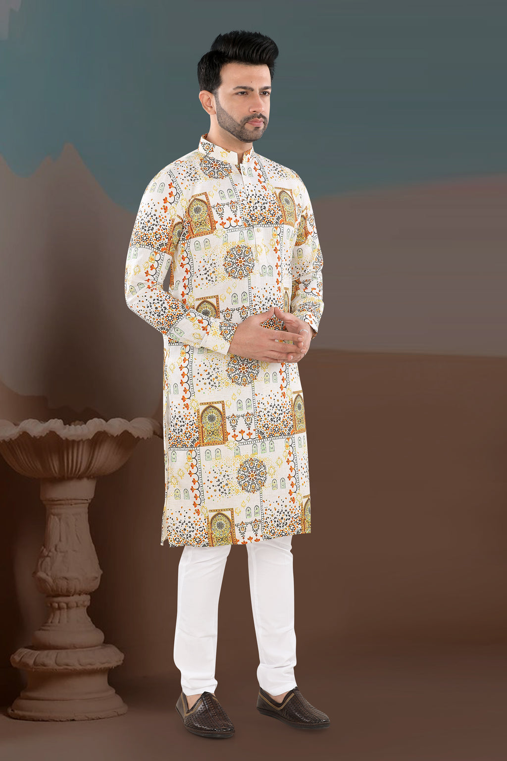 Cream Heritage Motif Print Kurta (20155)