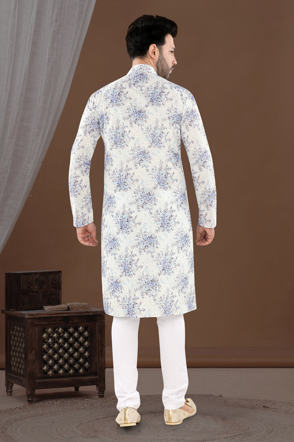 Ivory Blue Floral Print Kurta (14097)