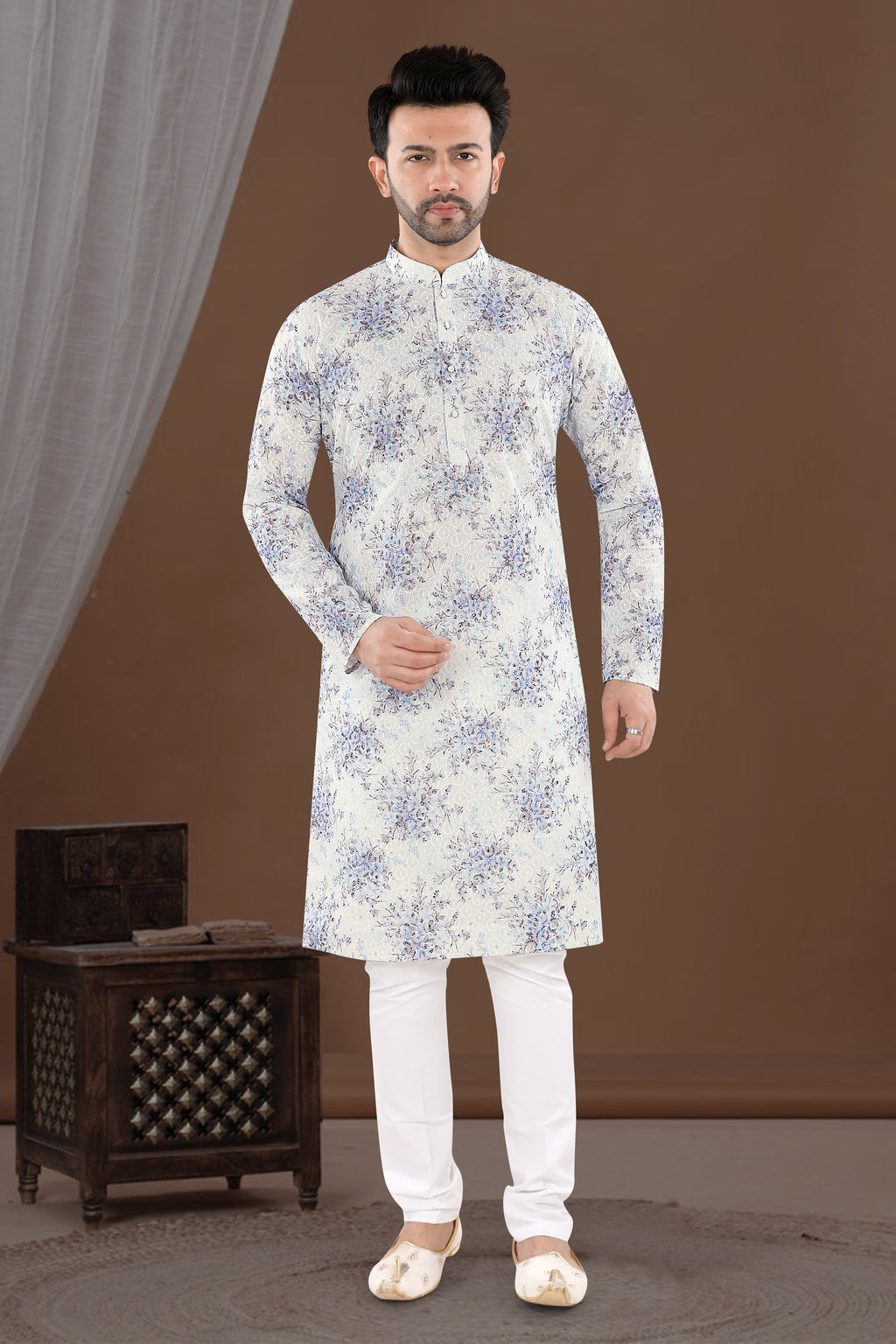 Ivory Blue Floral Print Kurta (14097)