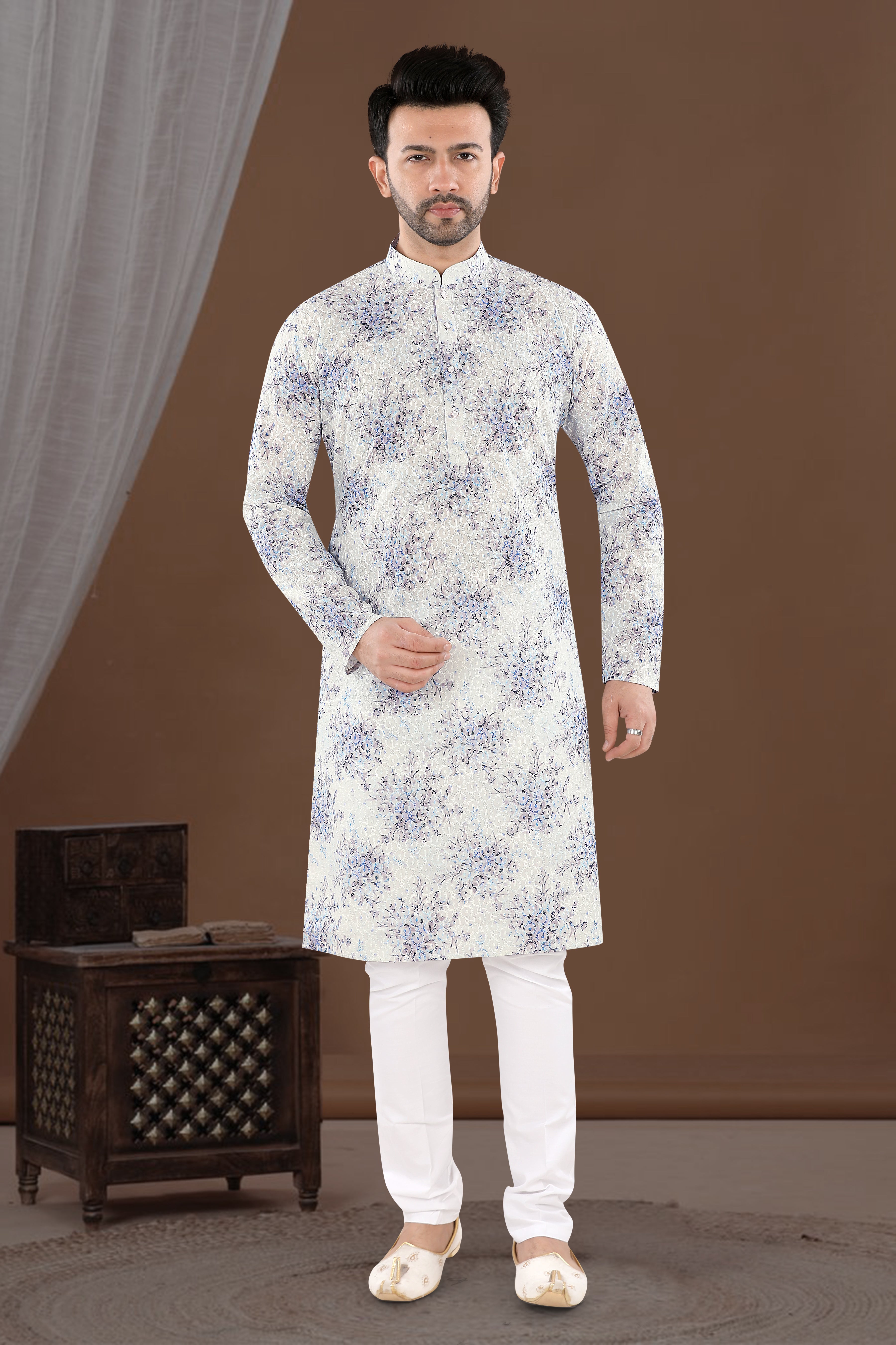 Ivory Blue Floral Print Kurta (14097)