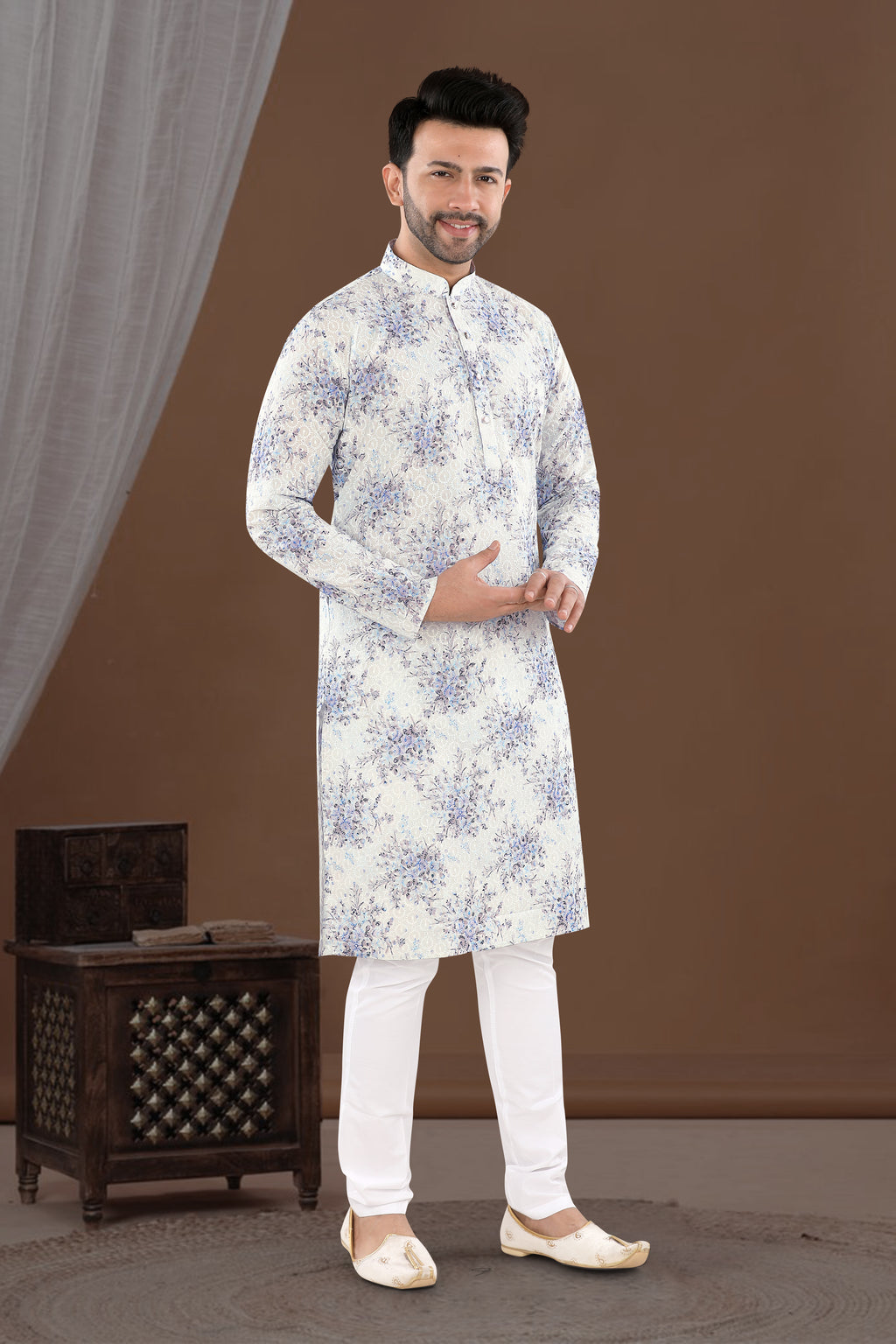 Ivory Blue Floral Print Kurta (14097)