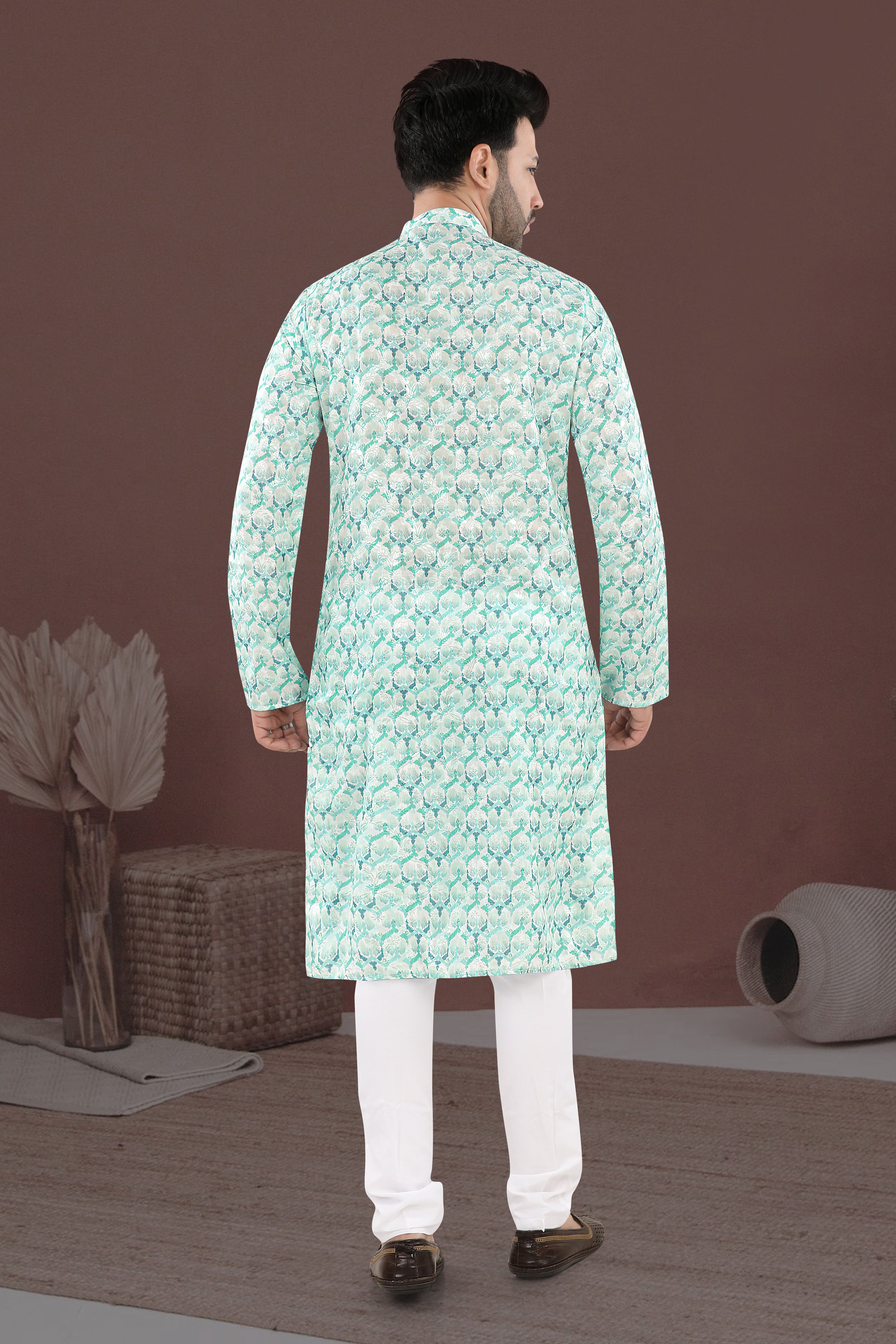 Mint Mosaic Kurta – Contemporary Festive Print (1621)