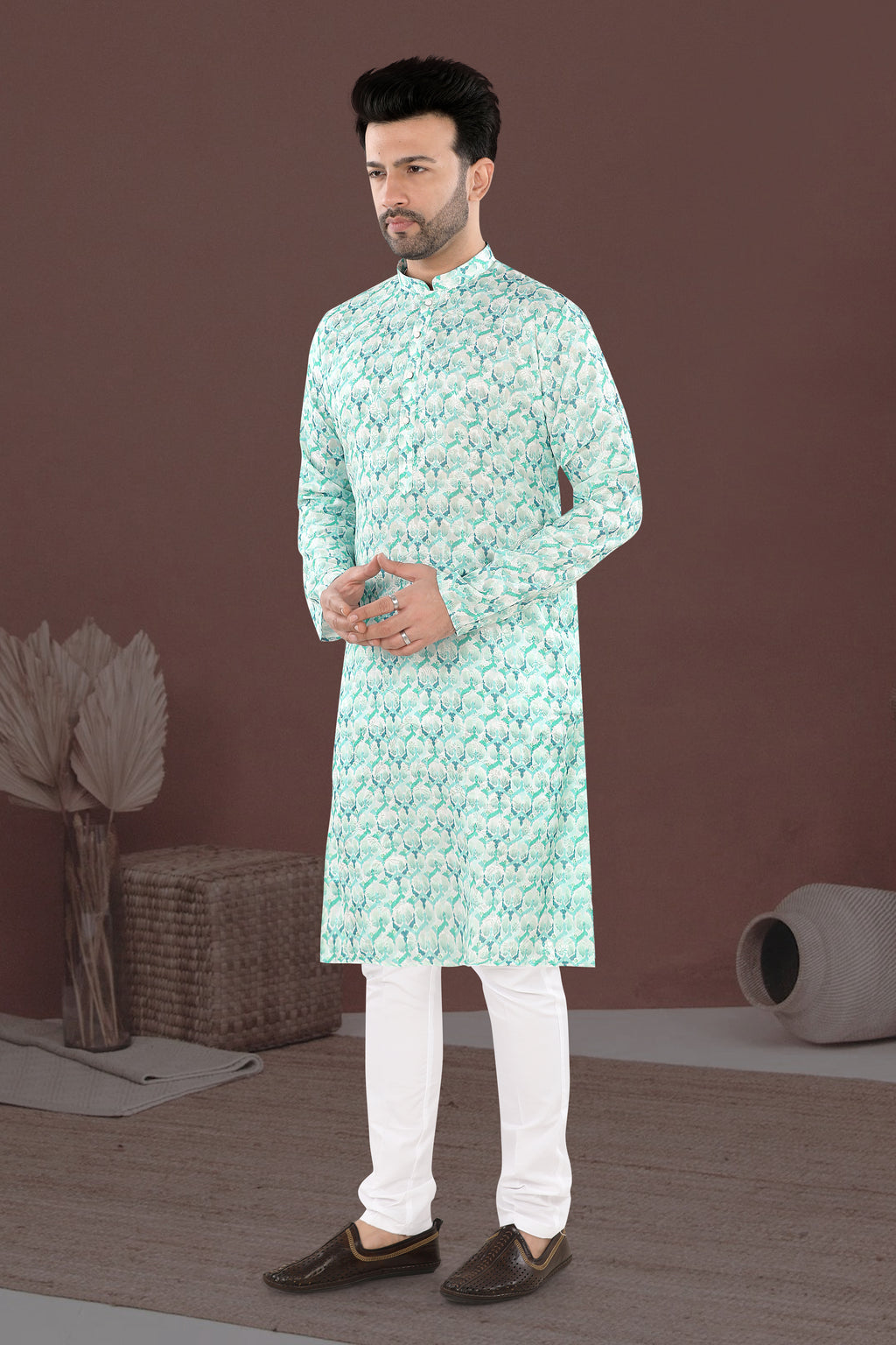 Mint Mosaic Kurta – Contemporary Festive Print (1621)