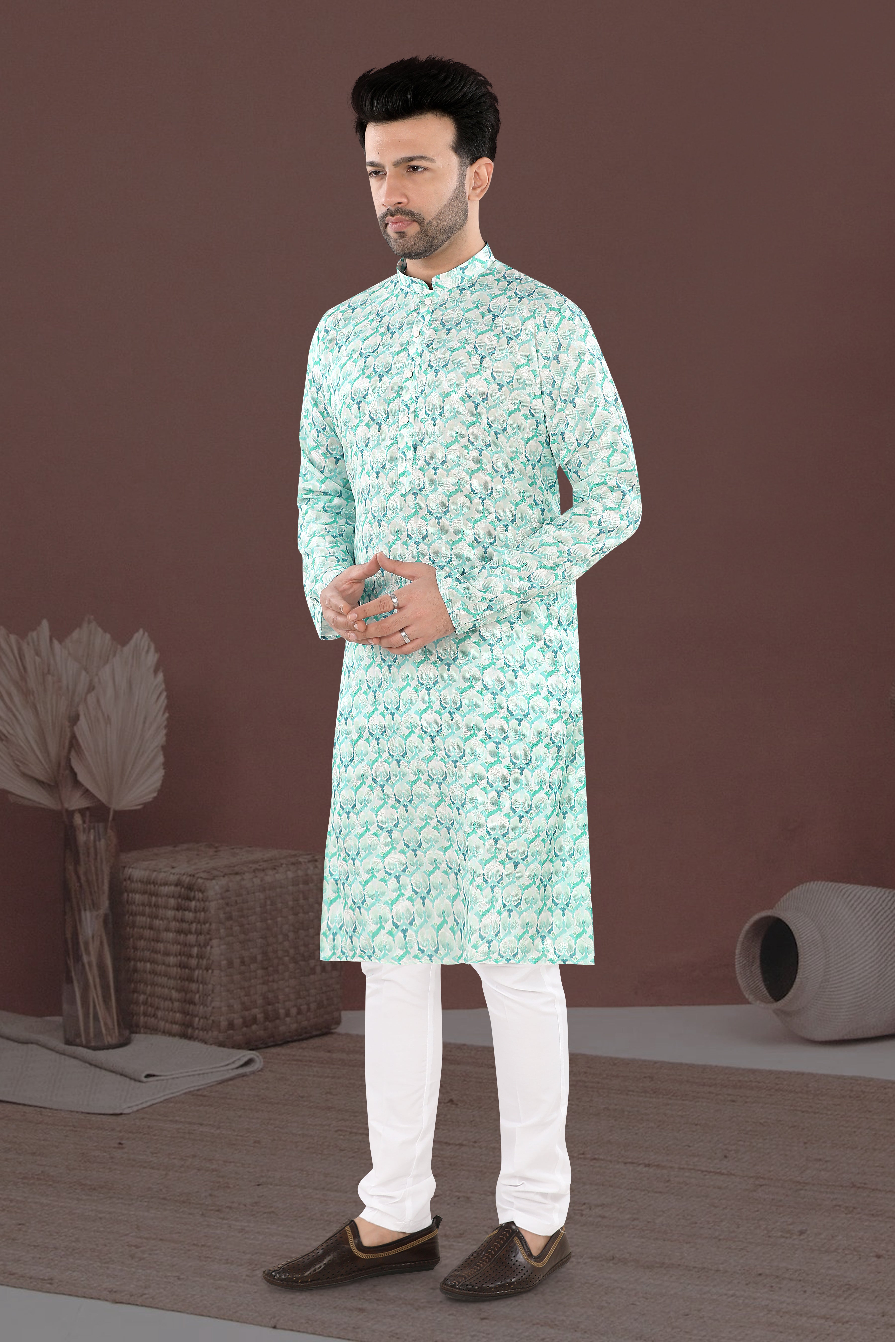 Mint Mosaic Kurta – Contemporary Festive Print (1621)