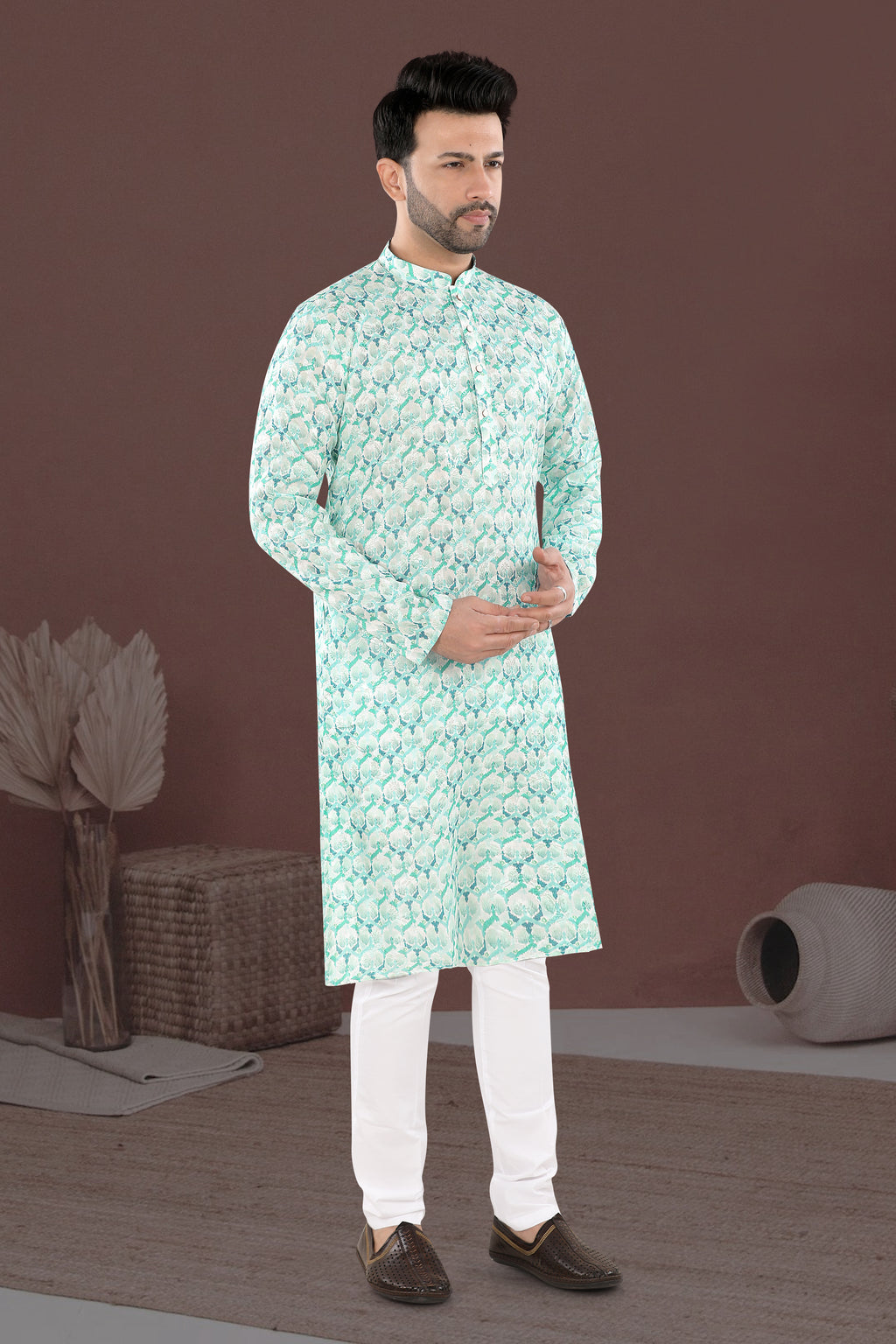Mint Mosaic Kurta – Contemporary Festive Print (1621)