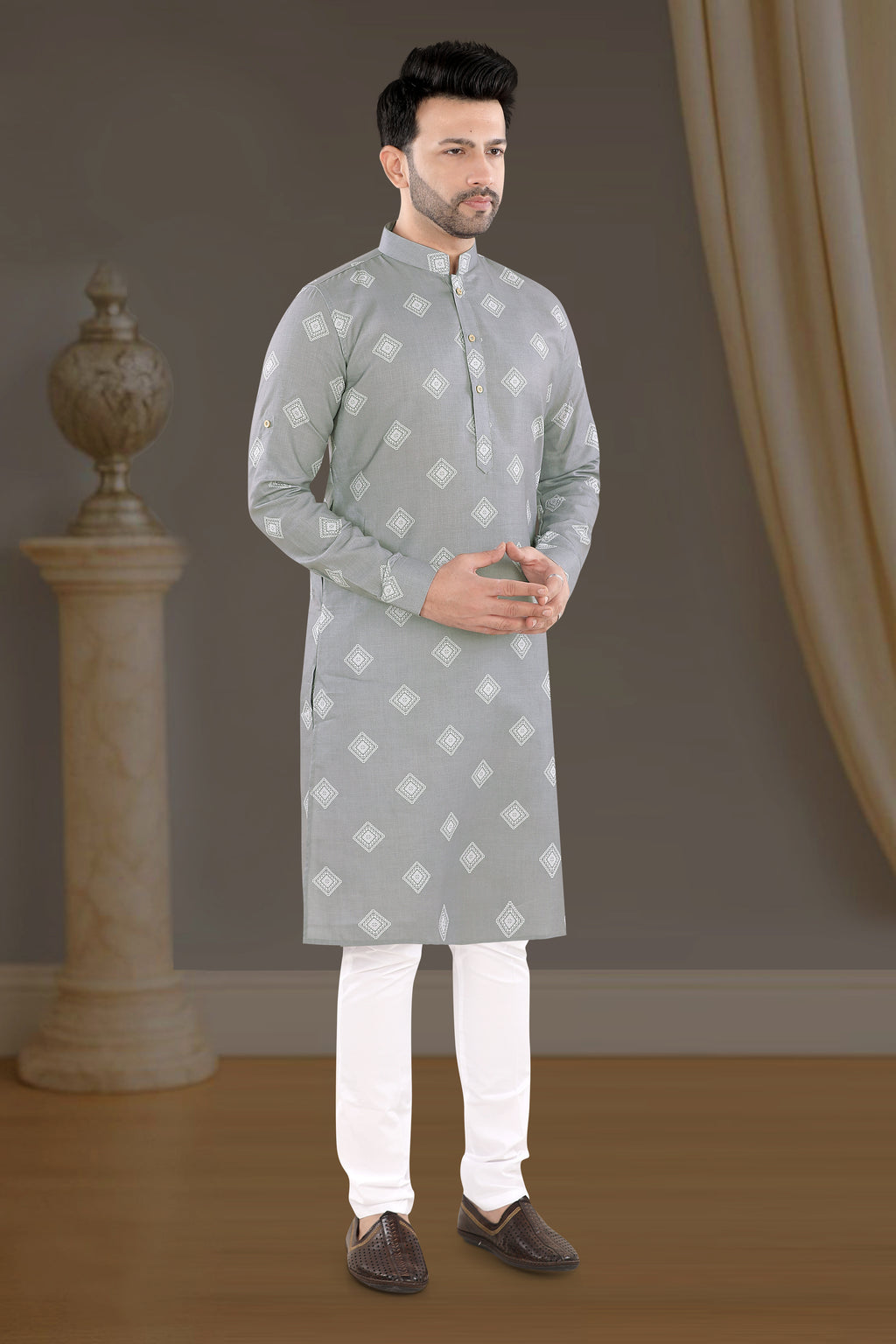 Smoky Grey Diamond Print Kurta (20003)