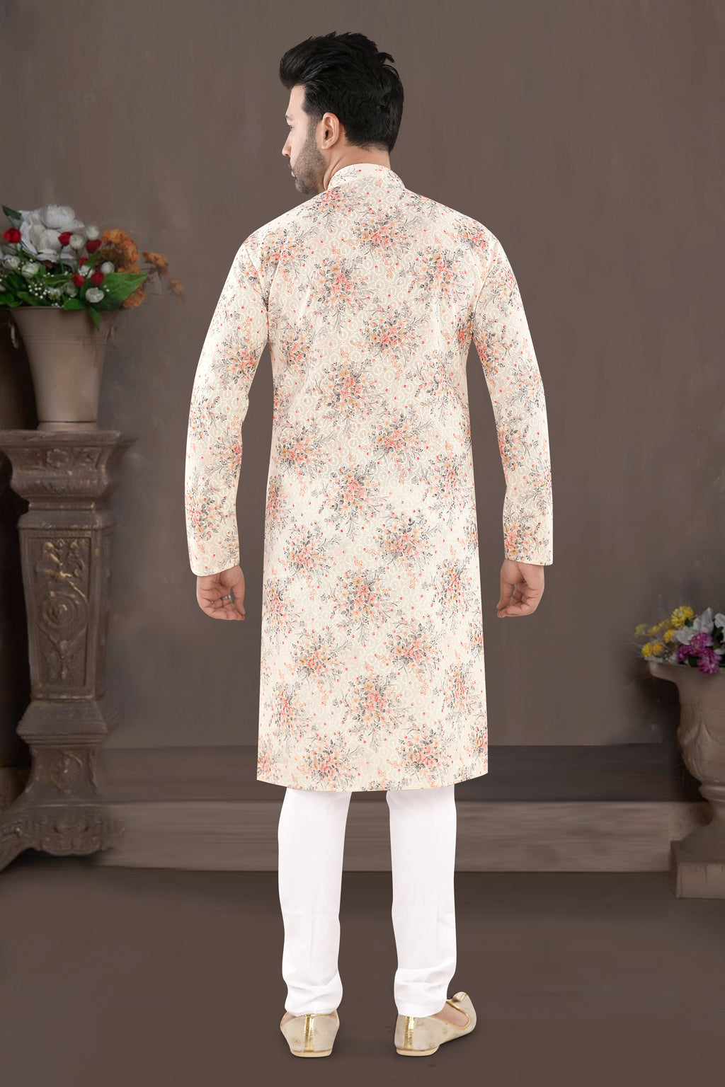 Ivory Orange Floral Print Kurta (14097)