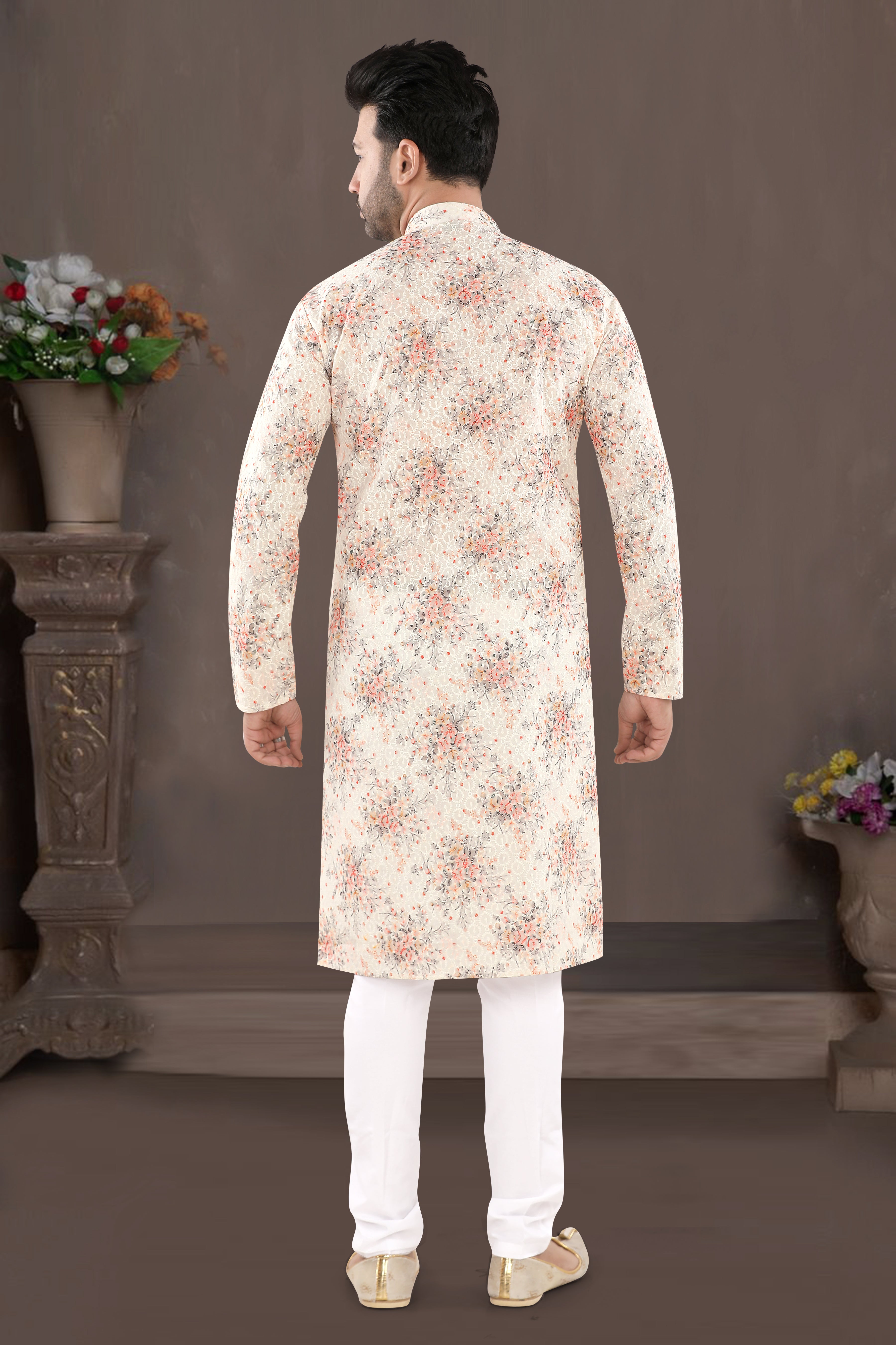 Ivory Orange Floral Print Kurta (14097)