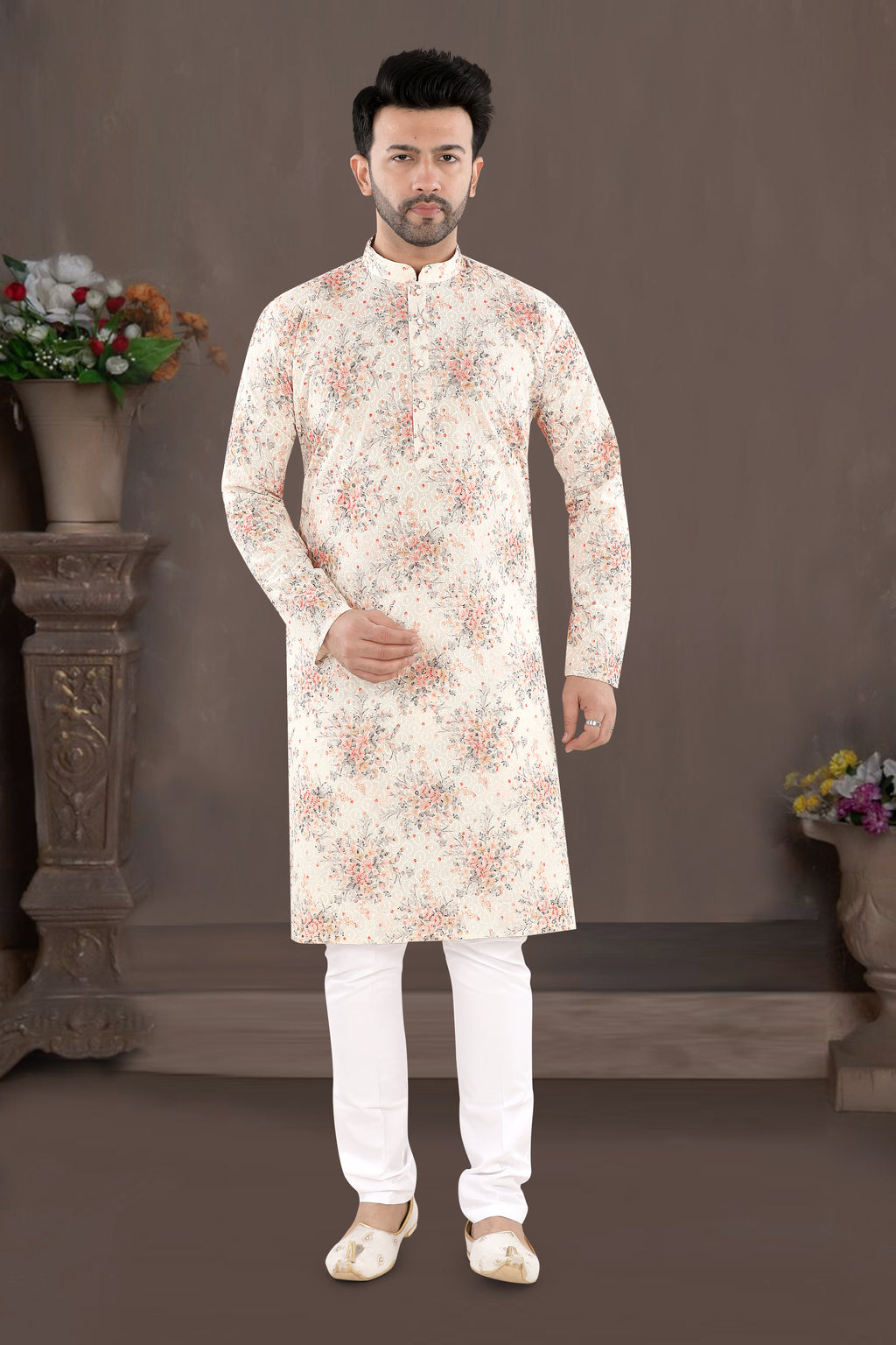 Ivory Orange Floral Print Kurta (14097)