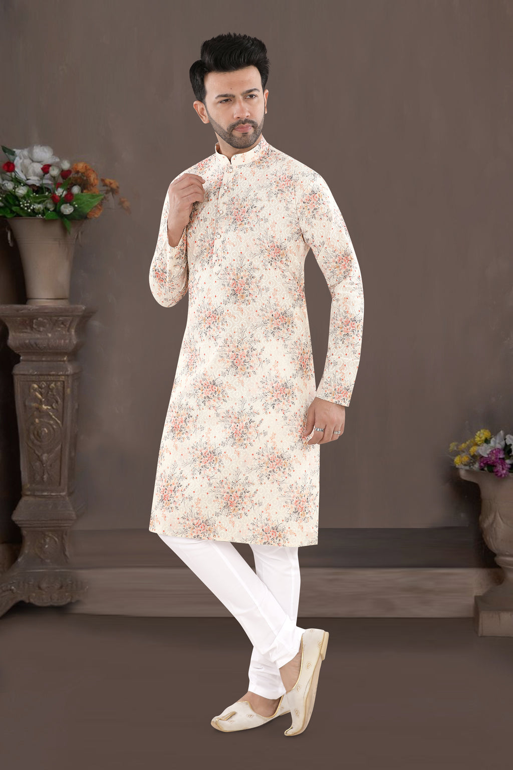 Ivory Orange Floral Print Kurta (14097)