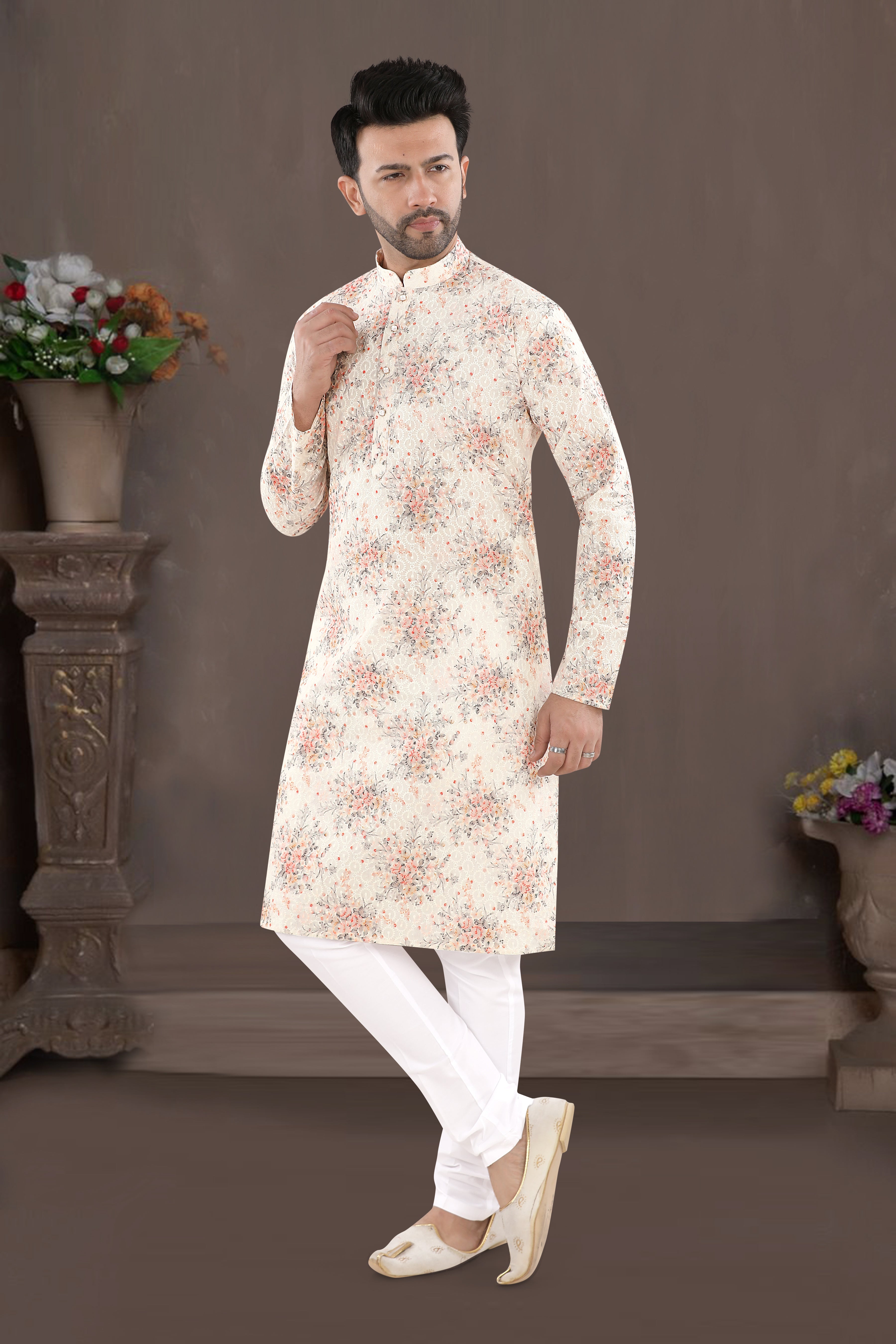 Ivory Orange Floral Print Kurta (14097)