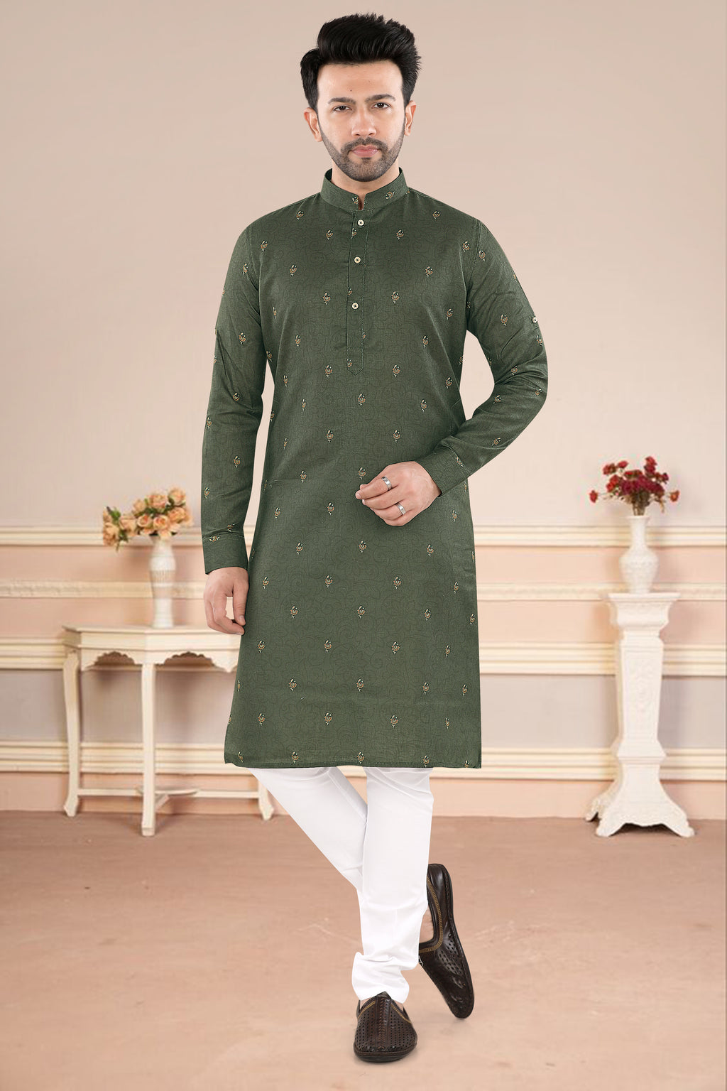 Forest Green Gold Buti Kurta (20216)