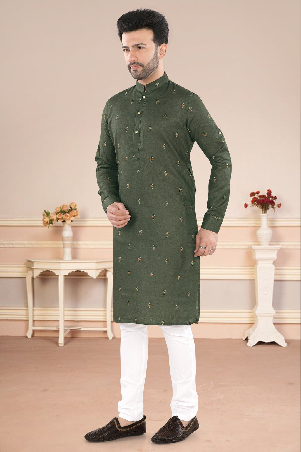 Forest Green Gold Buti Kurta (20216)