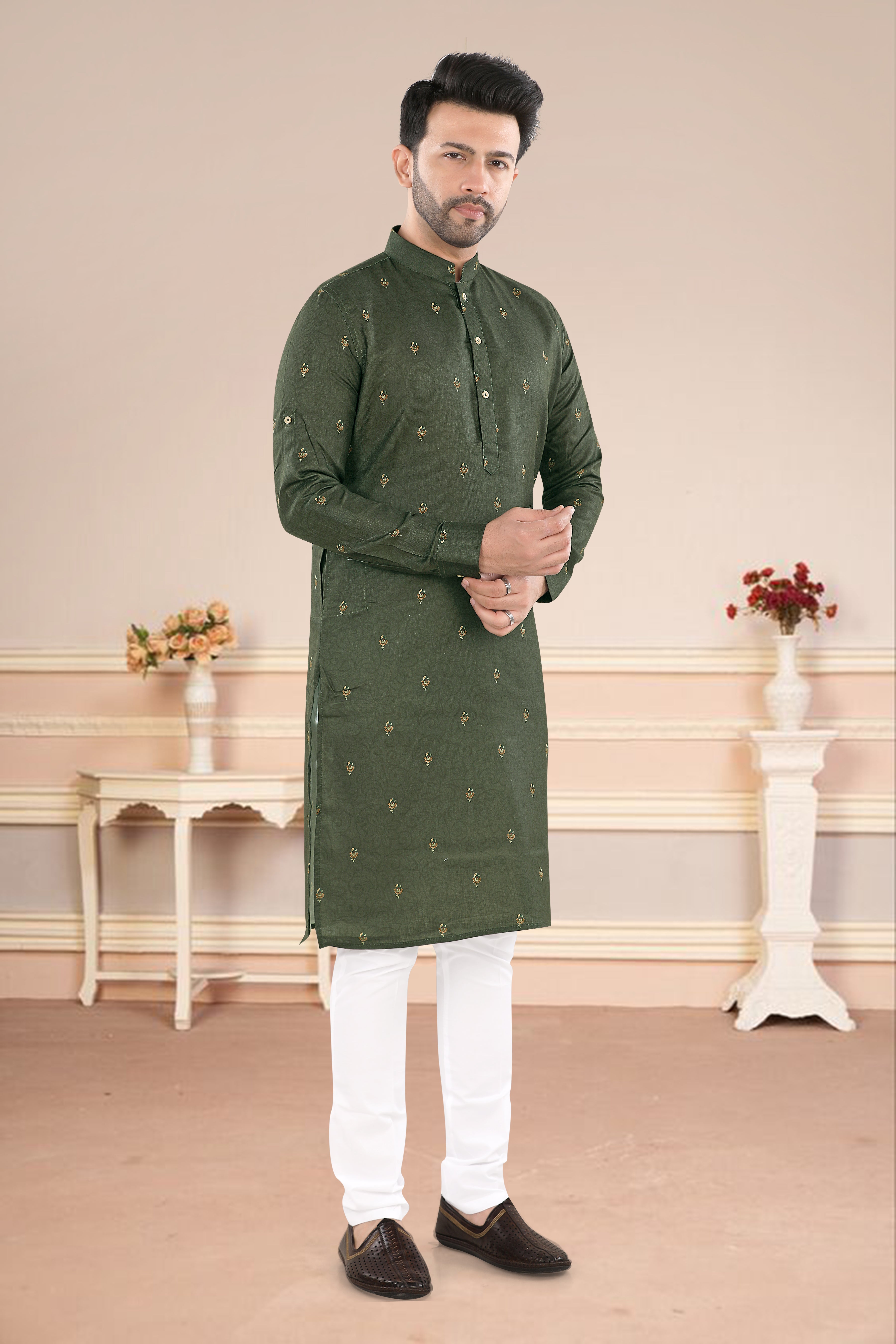 Forest Green Gold Buti Kurta (20216)
