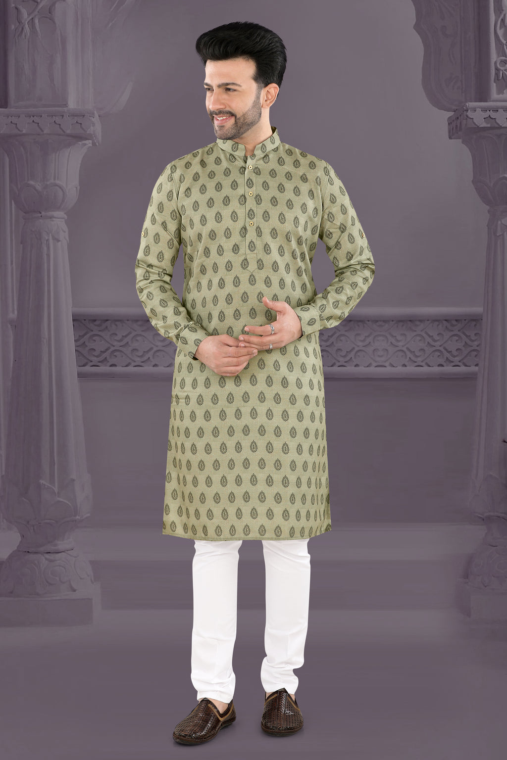 Classic Beige Paisley Print Kurta (19481)