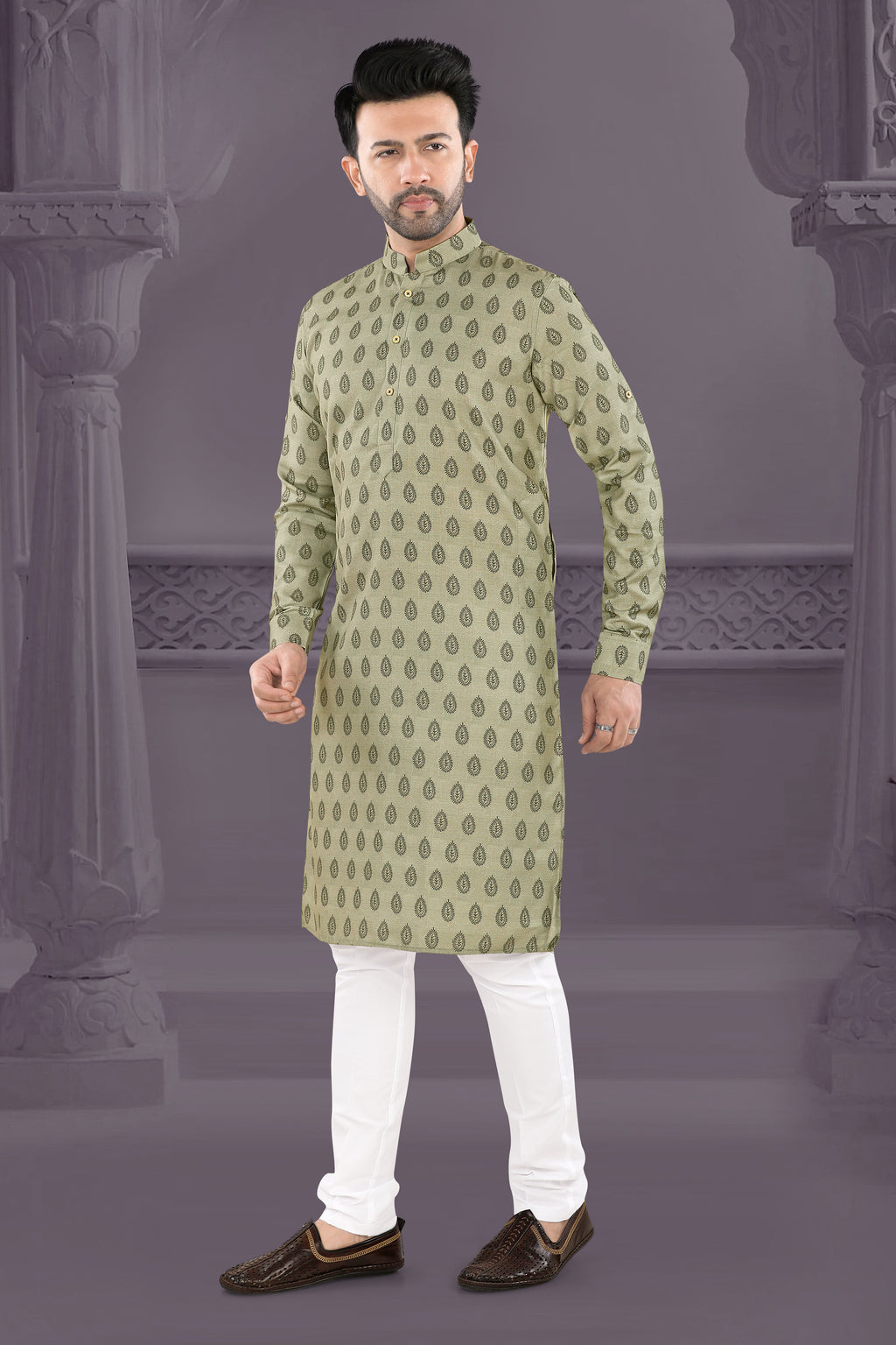 Classic Beige Paisley Print Kurta (19481)