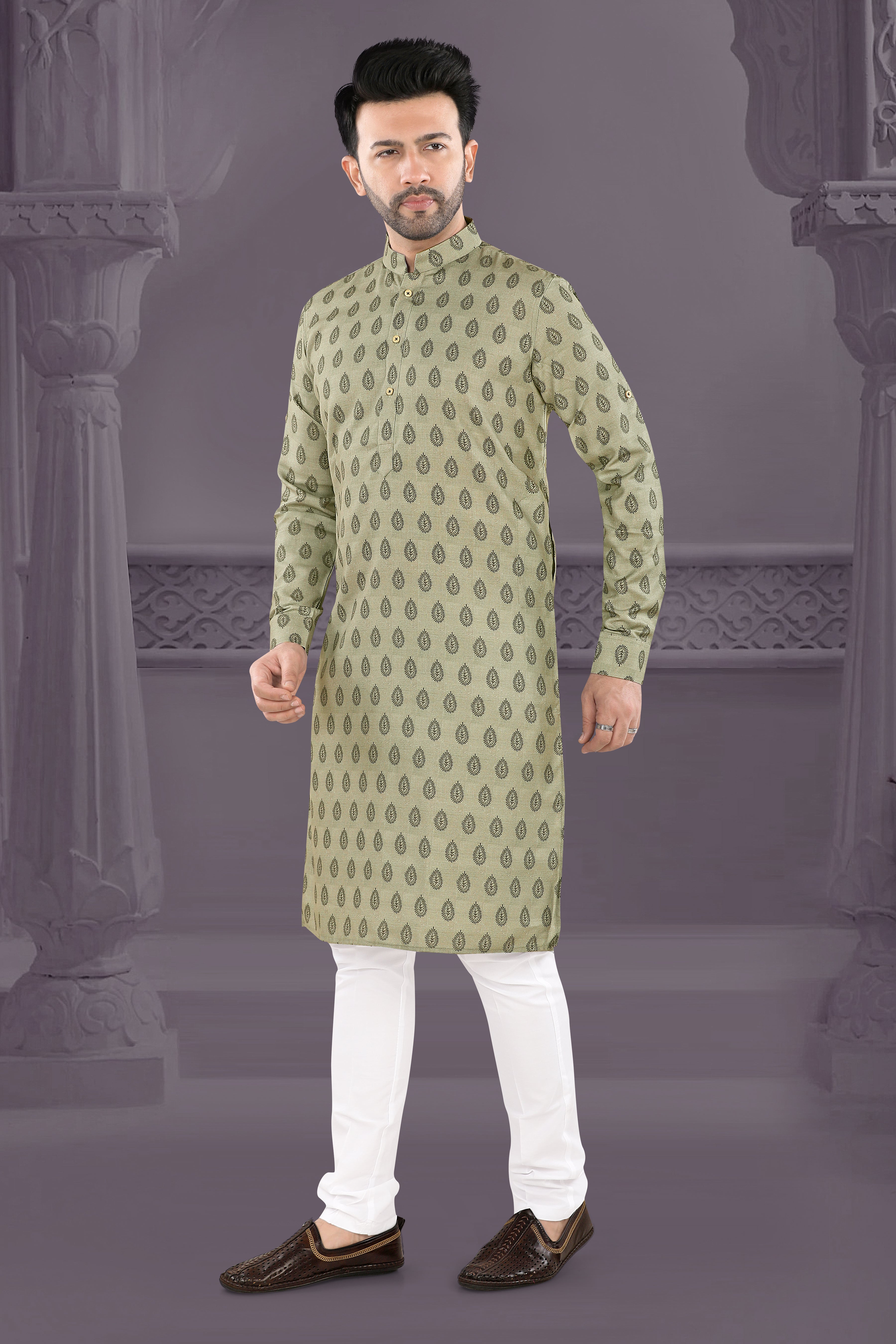 Classic Beige Paisley Print Kurta (19481)