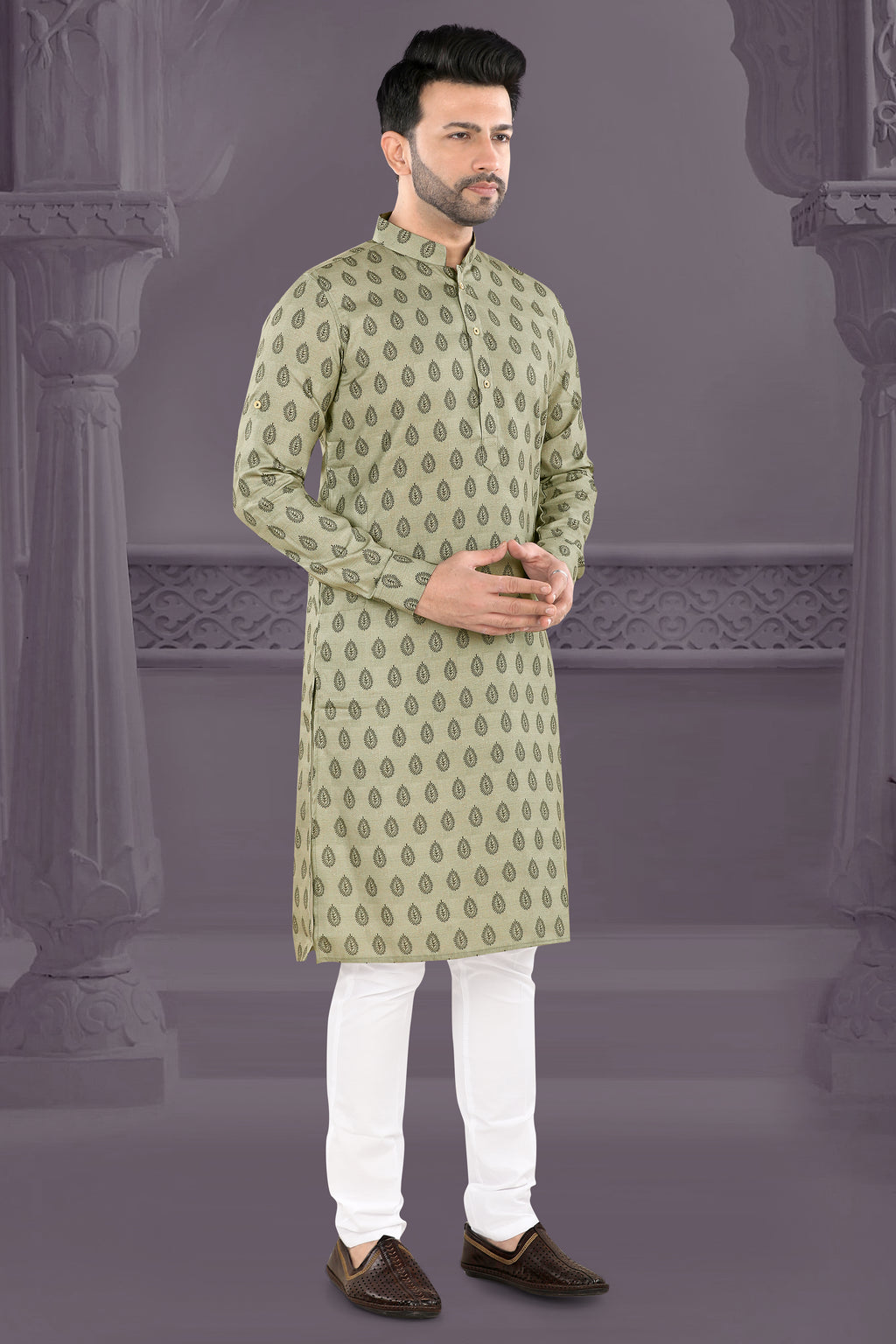 Classic Beige Paisley Print Kurta (19481)