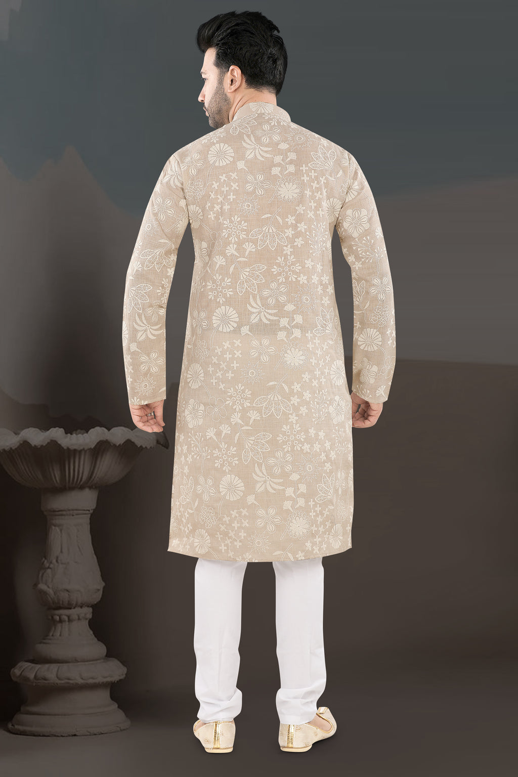 Fawn Elegance Kurta – All-Over Floral Festive Wear (1378)