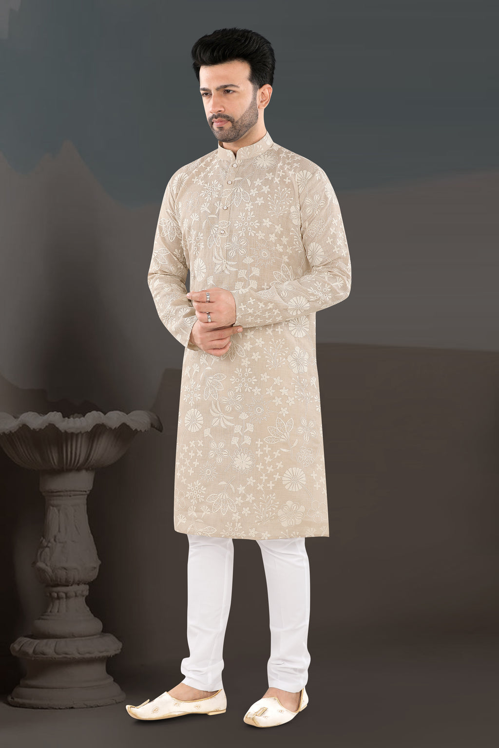 Fawn Elegance Kurta – All-Over Floral Festive Wear (1378)