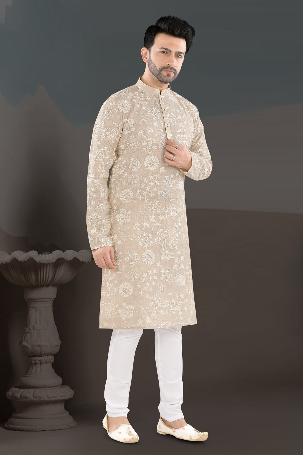 Fawn Elegance Kurta – All-Over Floral Festive Wear (1378)
