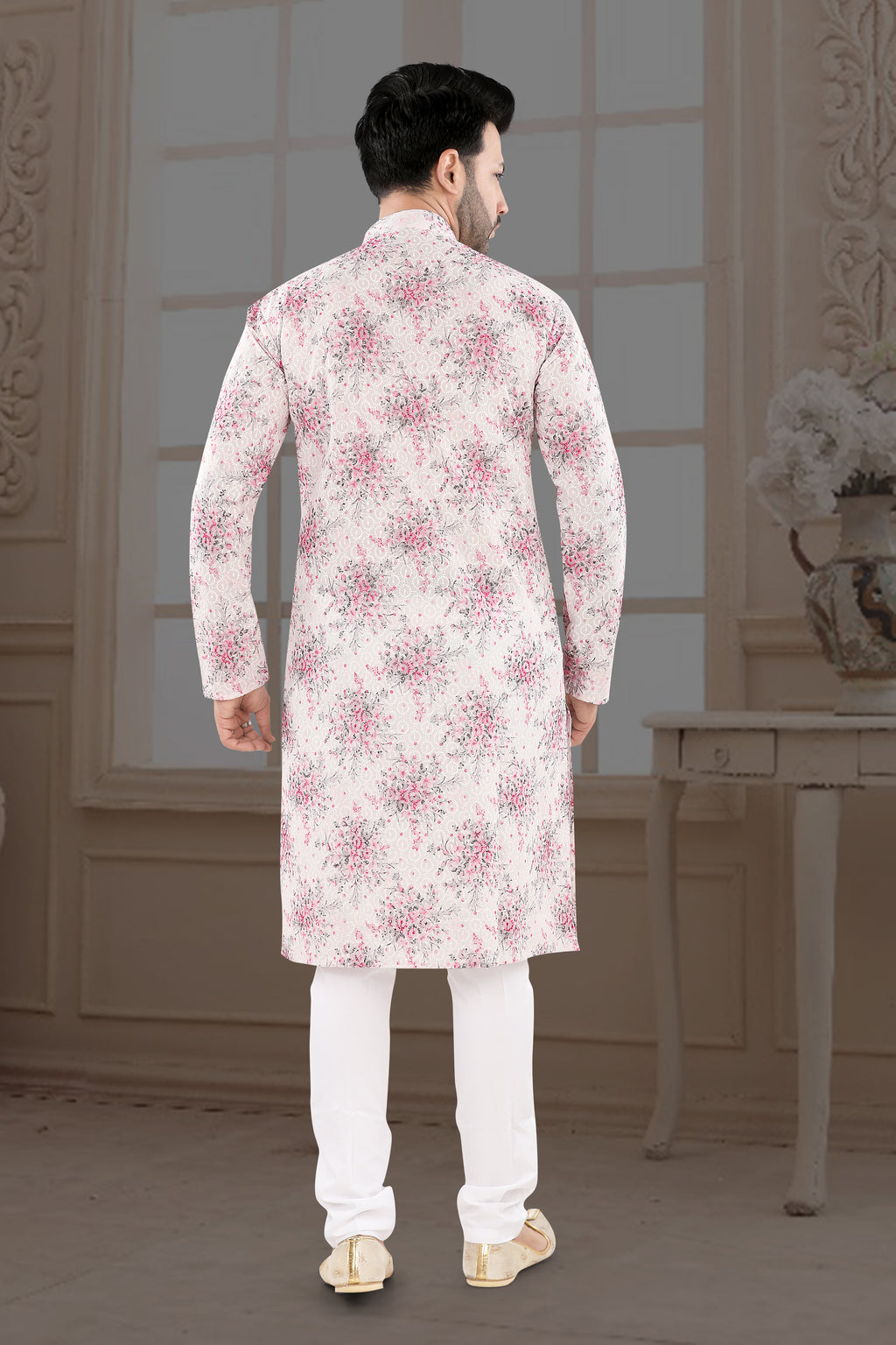 Ivory Pink Floral Print Kurta (14097)