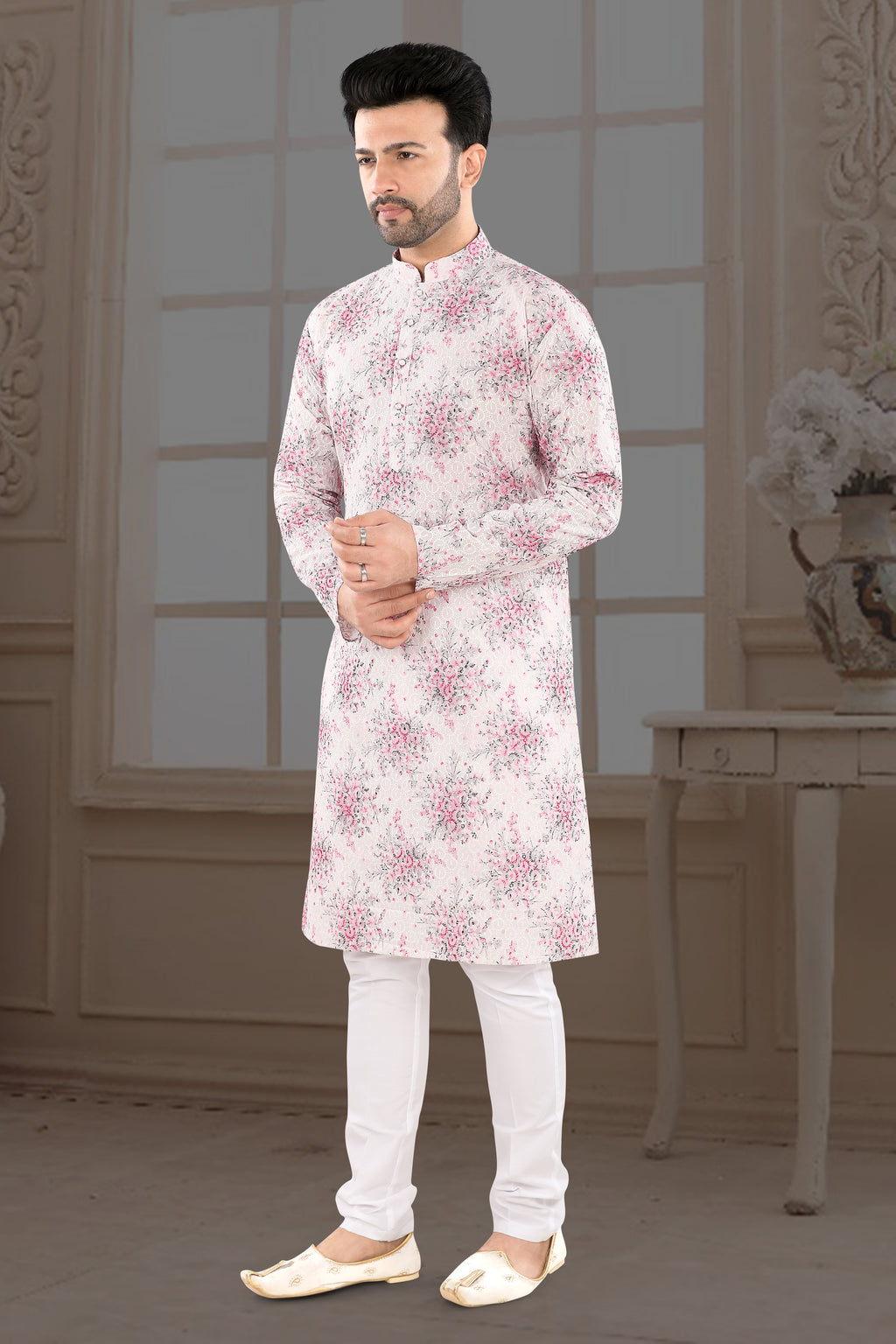 Ivory Pink Floral Print Kurta (14097)