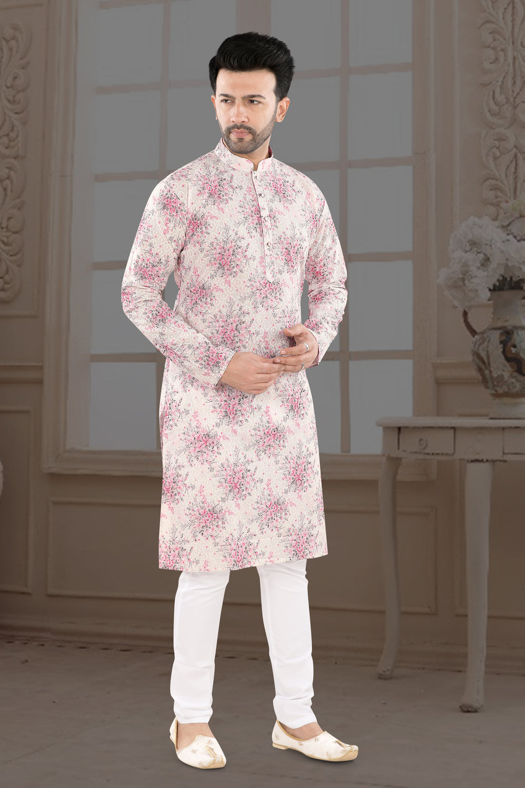 Ivory Pink Floral Print Kurta (14097)