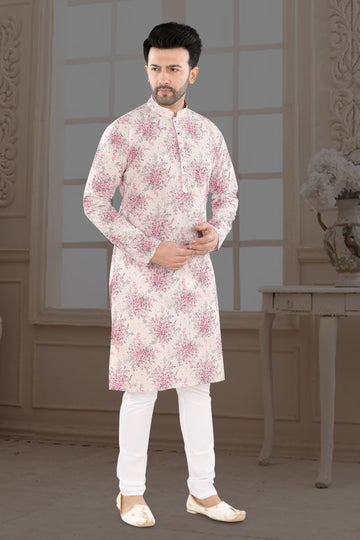 Ivory Pink Floral Print Kurta (14097)