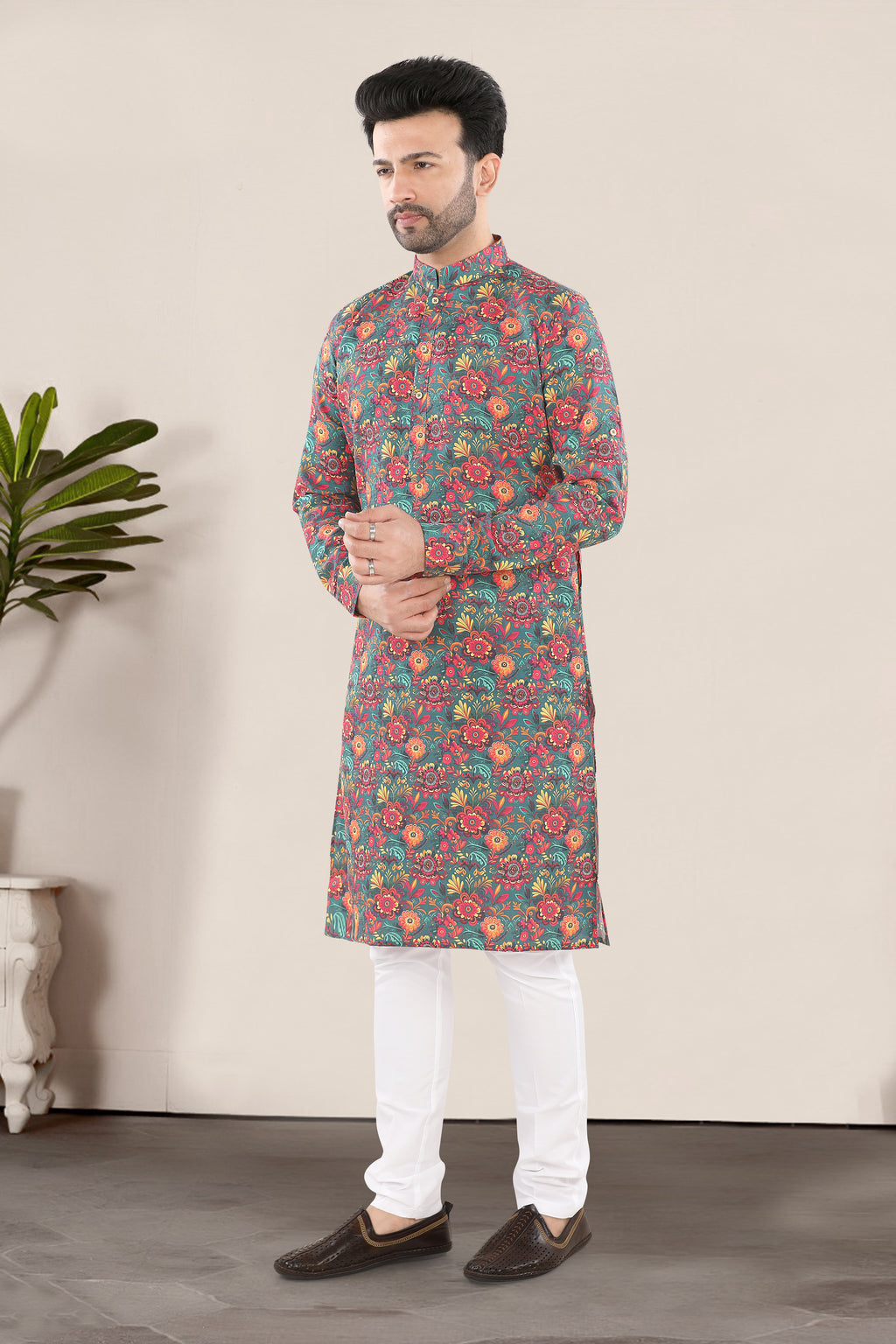 Teal Green Floral Print Kurta (20076)