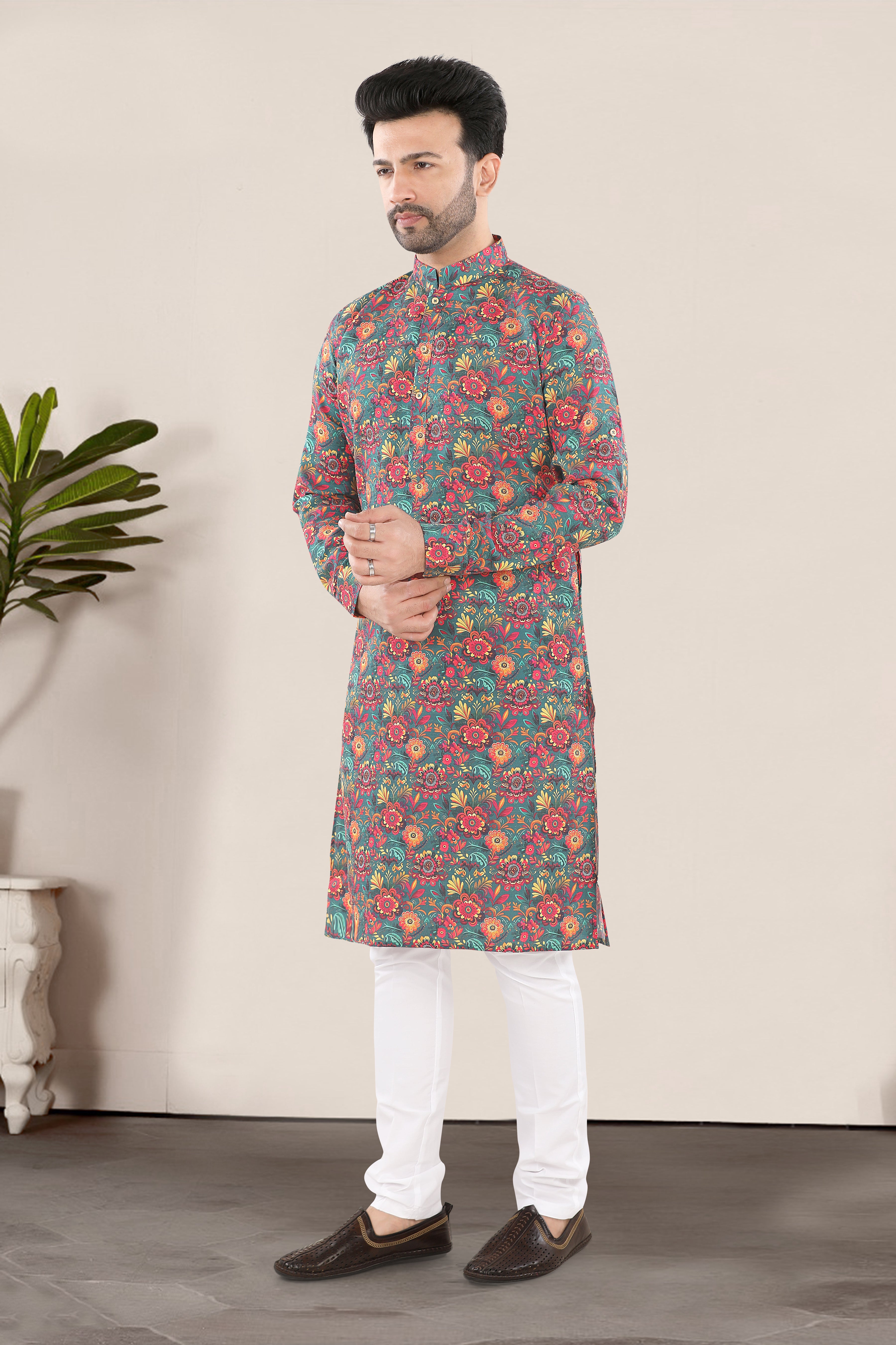Teal Green Floral Print Kurta (20076)