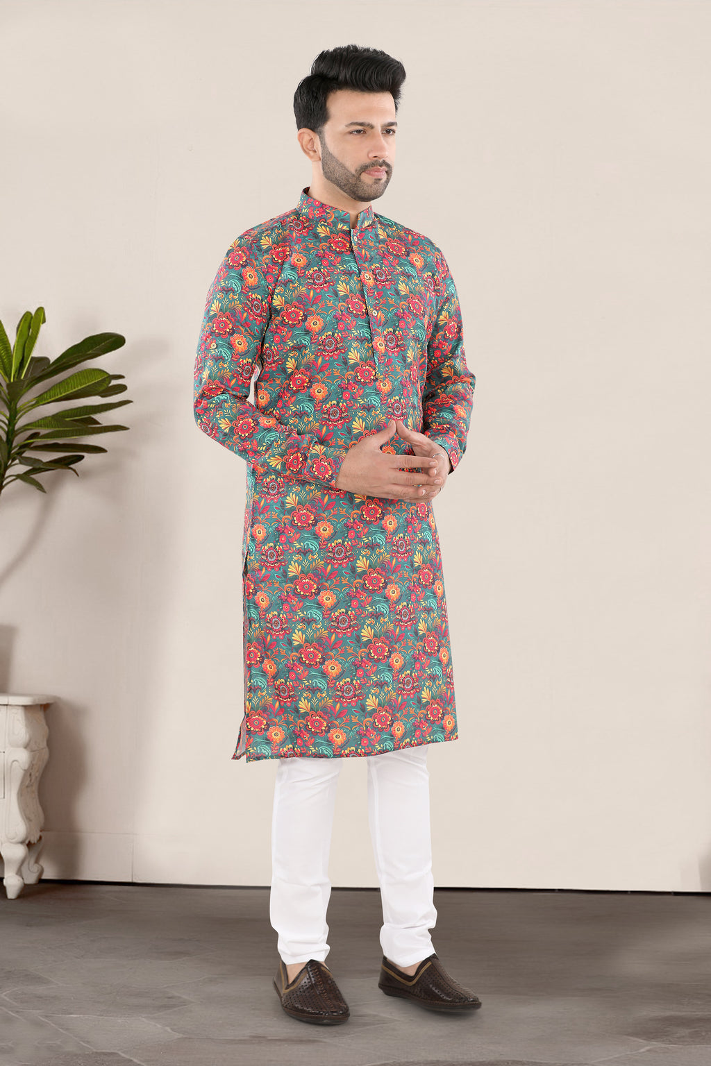 Teal Green Floral Print Kurta (20076)