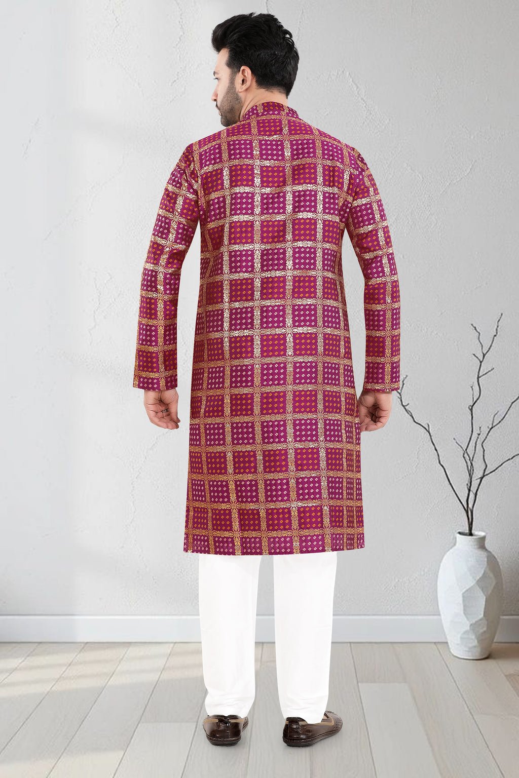 Royal Wine Check Kurta Set (7070)