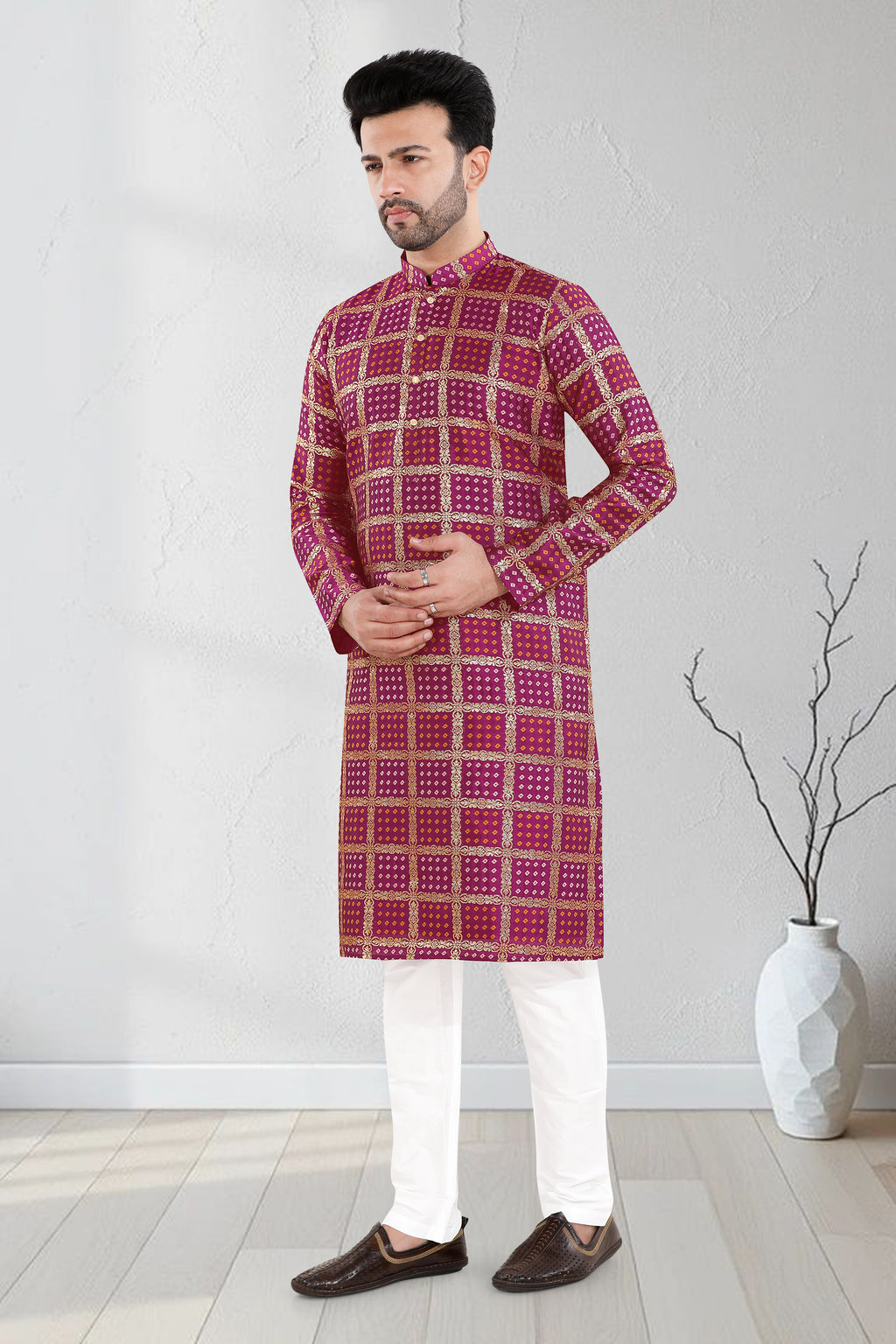 Royal Wine Check Kurta Set (7070)