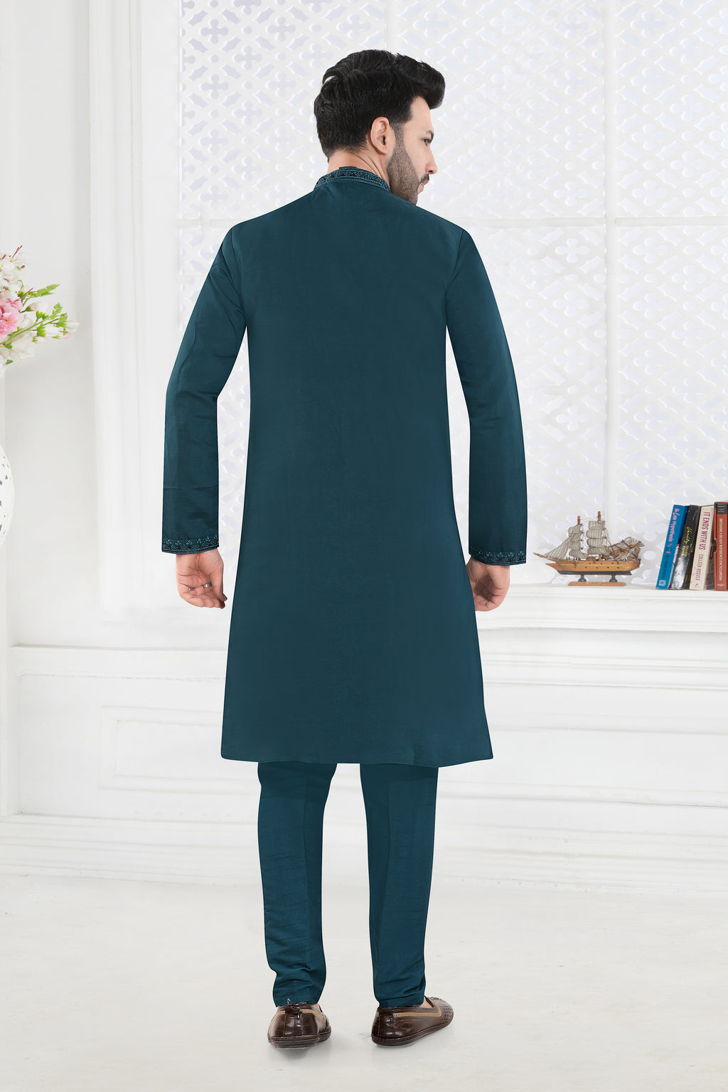 Teal Blue Embroidered Festive Kurta Set (4605)