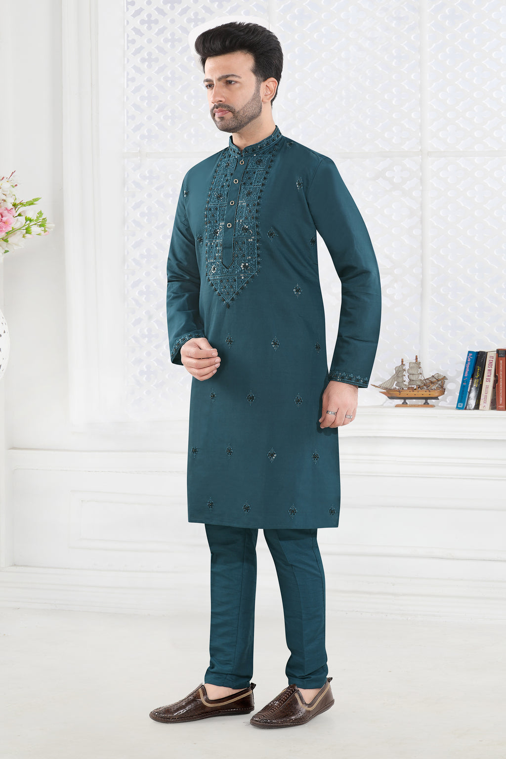 Teal Blue Embroidered Festive Kurta Set (4605)