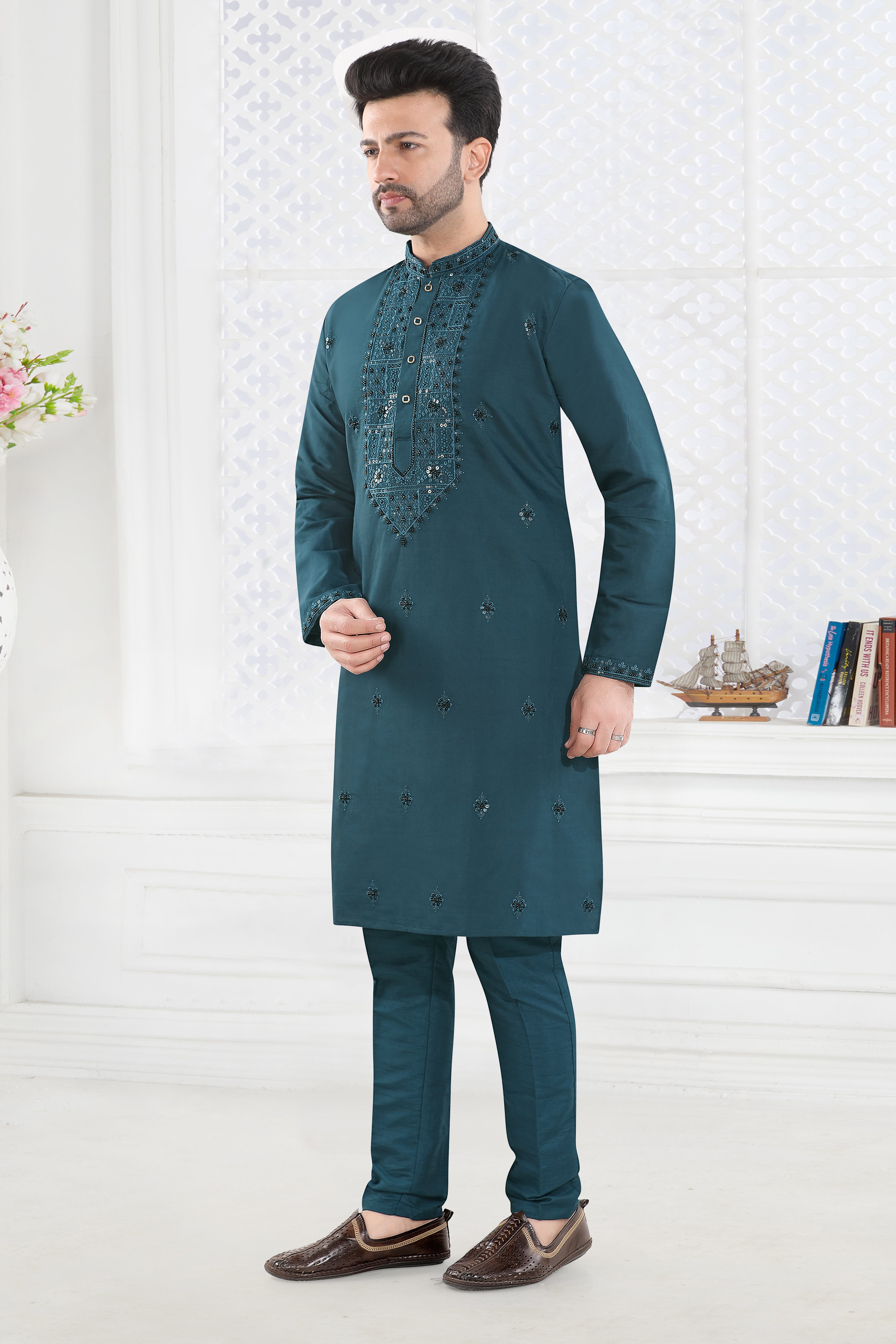 Teal Blue Embroidered Festive Kurta Set (4605)