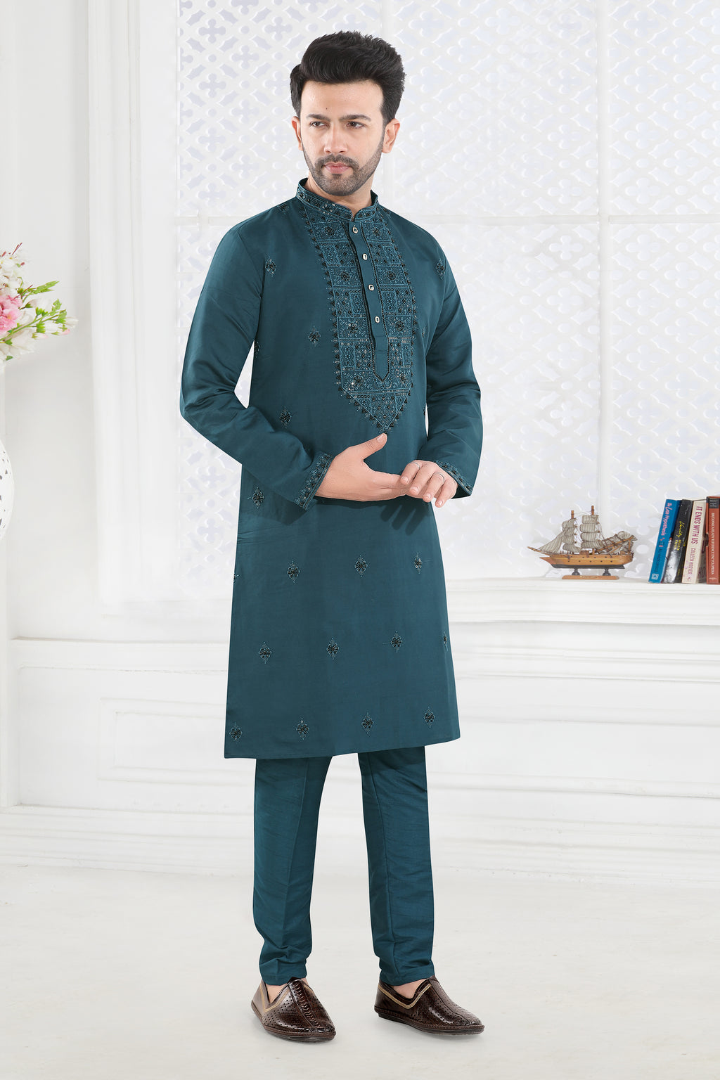 Teal Blue Embroidered Festive Kurta Set (4605)